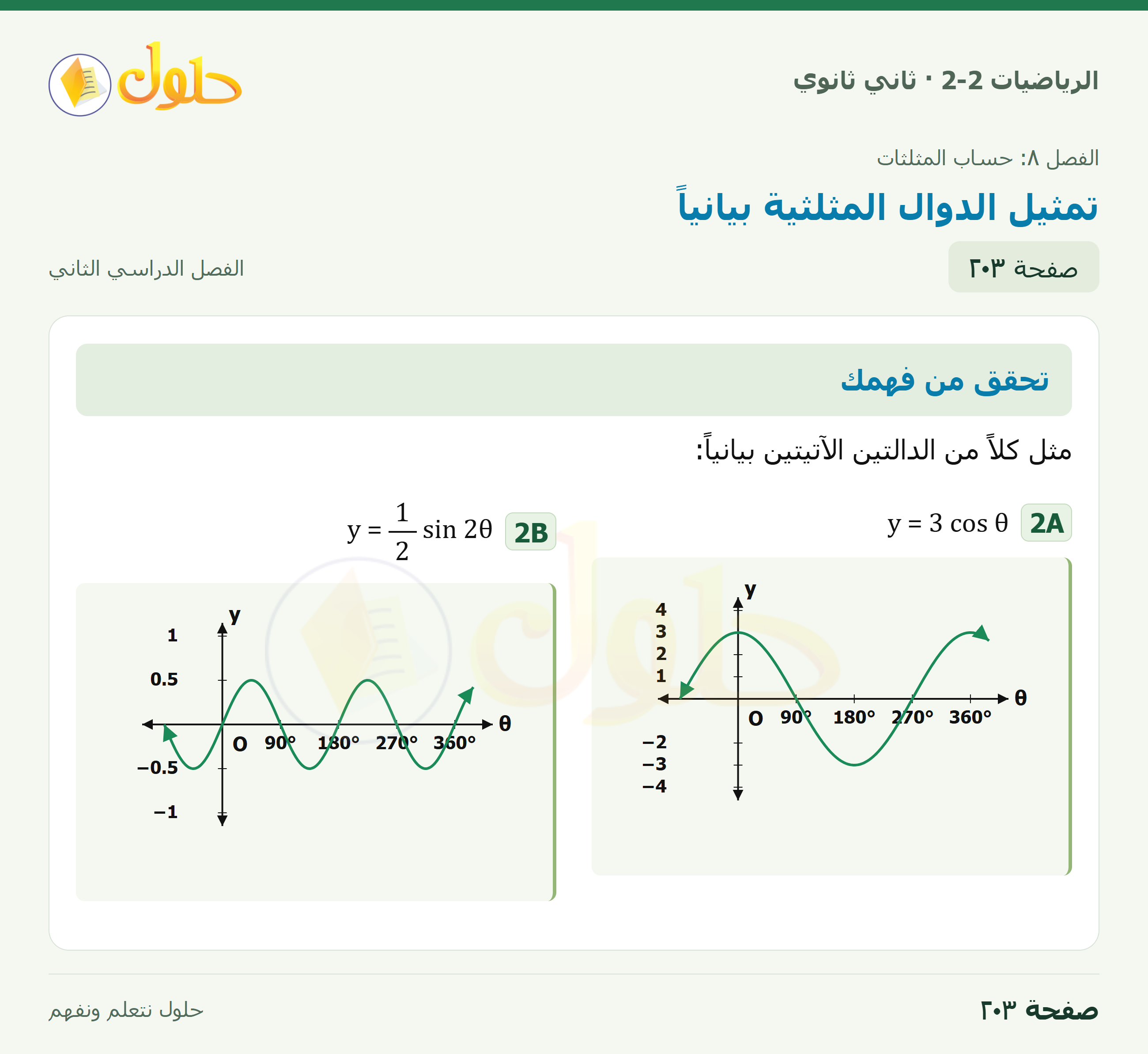 الرياضيات 2-2 · ٨-٧ تمثيل الدوال المثلثية بيانياً · صفحة ٢٠٣