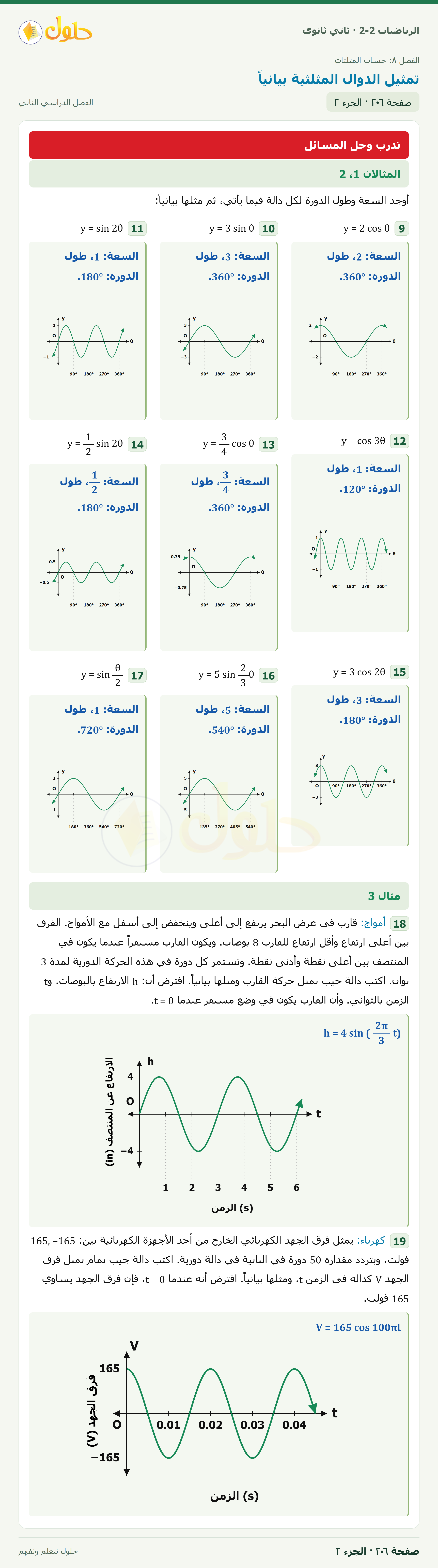 الرياضيات 2-2 · ٨-٧ تمثيل الدوال المثلثية بيانياً · صفحة ٢٠٦ · الجزء ٢