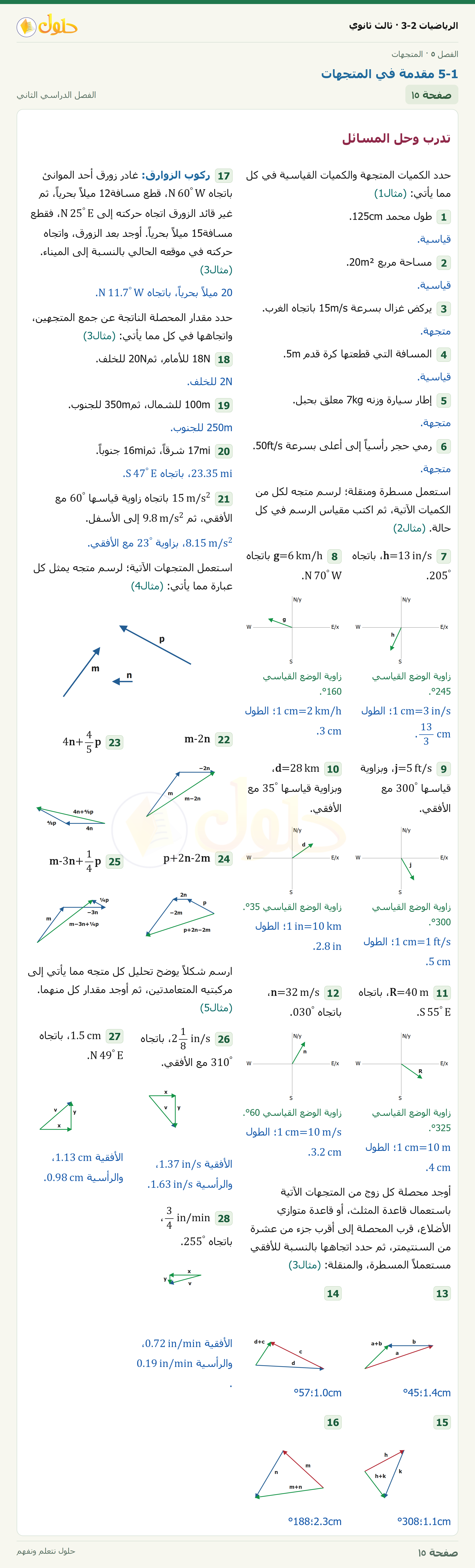 حل الرياضيات 3-2 ثالث ثانوي — 5-1 مقدمة في المتجهات — صفحة ١٥