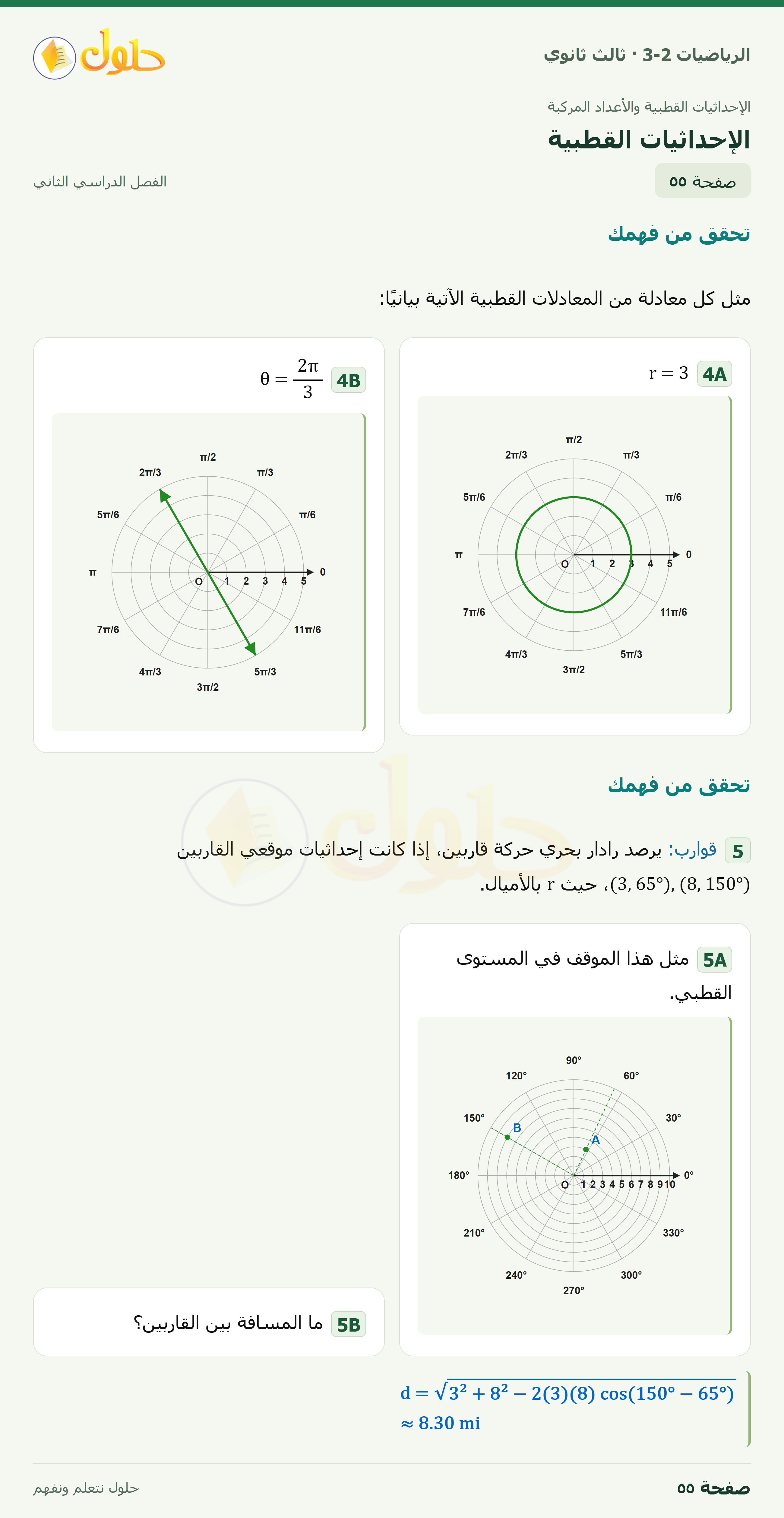 حل الرياضيات 3-2 ثالث ثانوي — 6-1 الإحداثيات القطبية — صفحة ٥٥