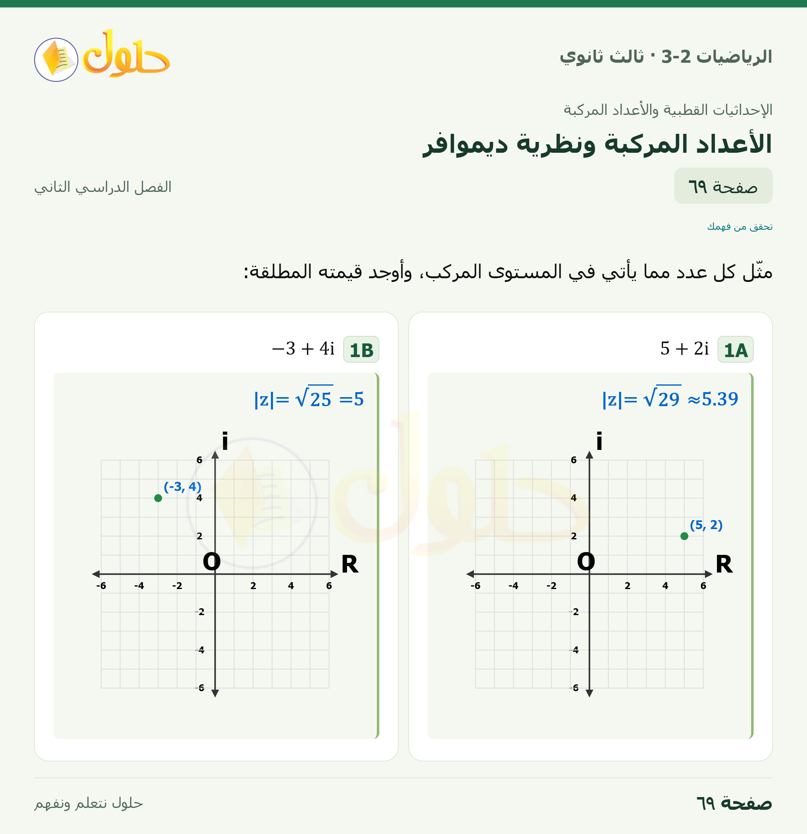 حل الرياضيات 3-2 ثالث ثانوي — 6-3 الأعداد المركبة ونظرية ديموافر — صفحة ٦٩