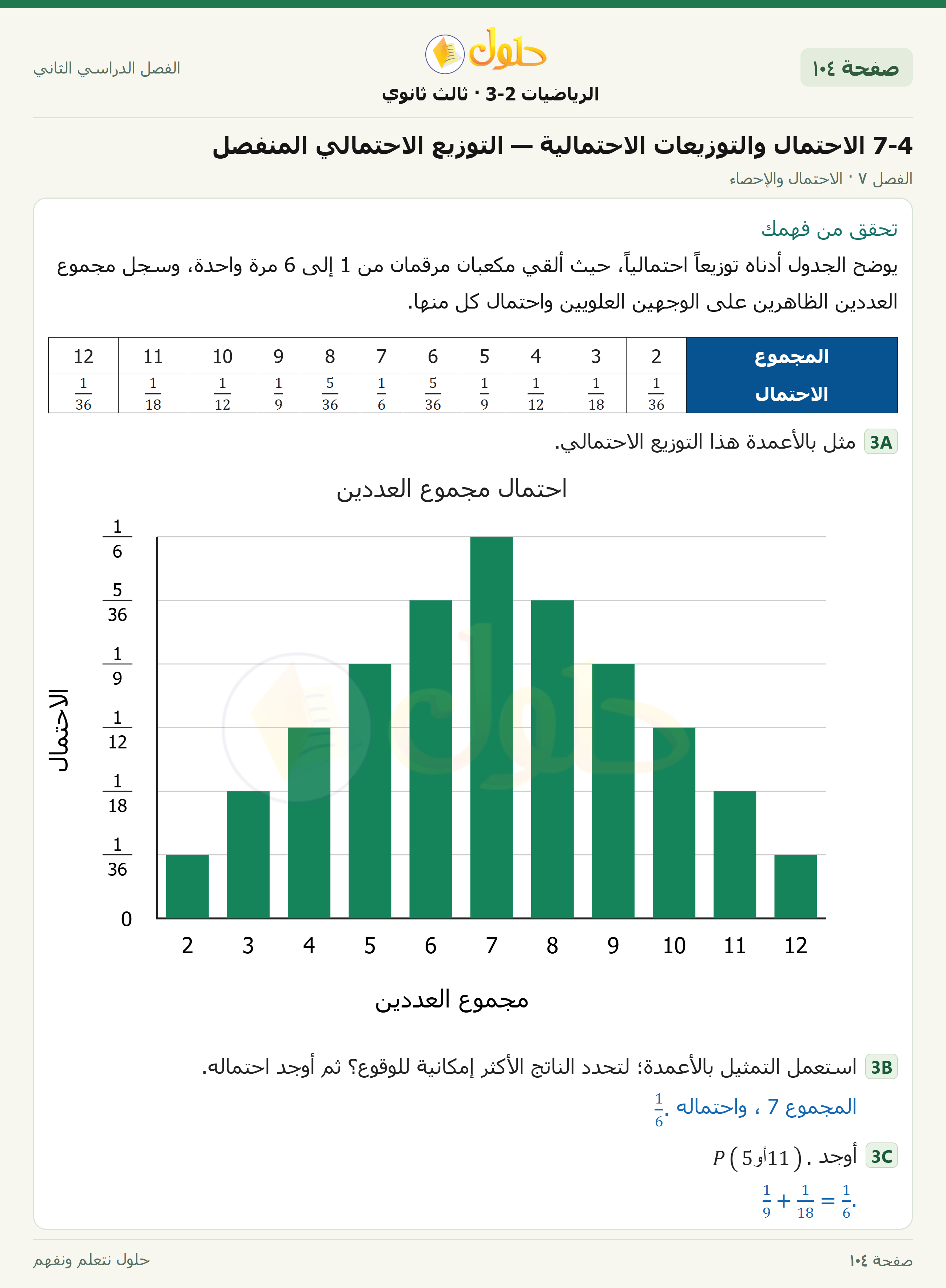حل الرياضيات 3-2 ثالث ثانوي — 7-4 الاحتمال والتوزيعات الاحتمالية — التوزيع الاحتمالي المنفصل — صفحة ١٠٤