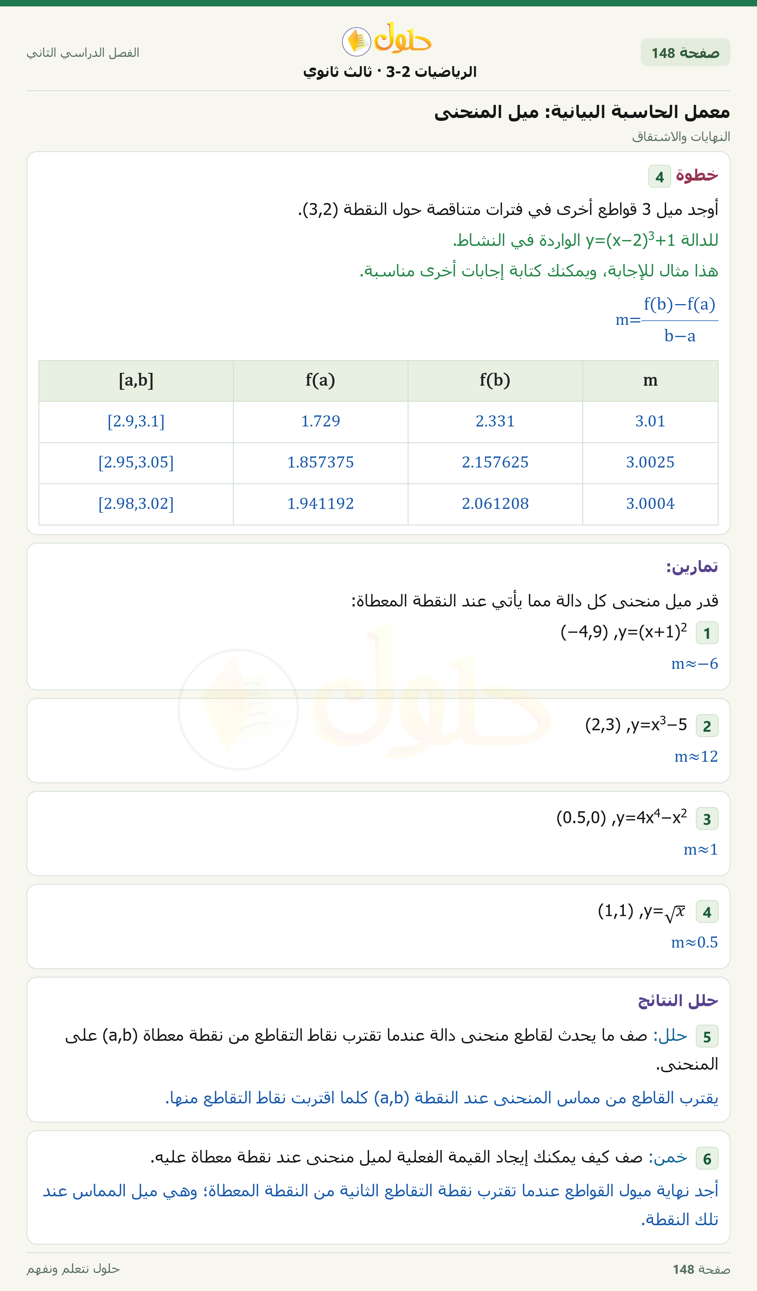 حل الرياضيات 3-2 ثالث ثانوي — استكشاف 8-3 معمل الحاسبة البيانية: ميل المنحنى — صفحة ١٤٨