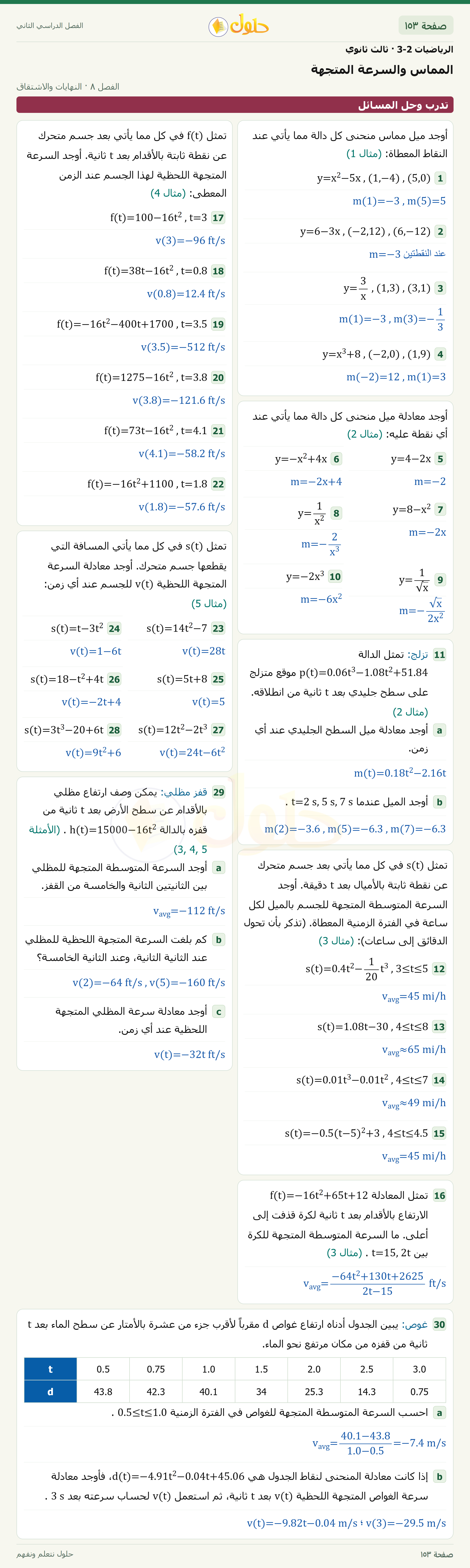 حل الرياضيات 3-2 ثالث ثانوي — 8-3 المماس والسرعة المتجهة — صفحة ١٥٣