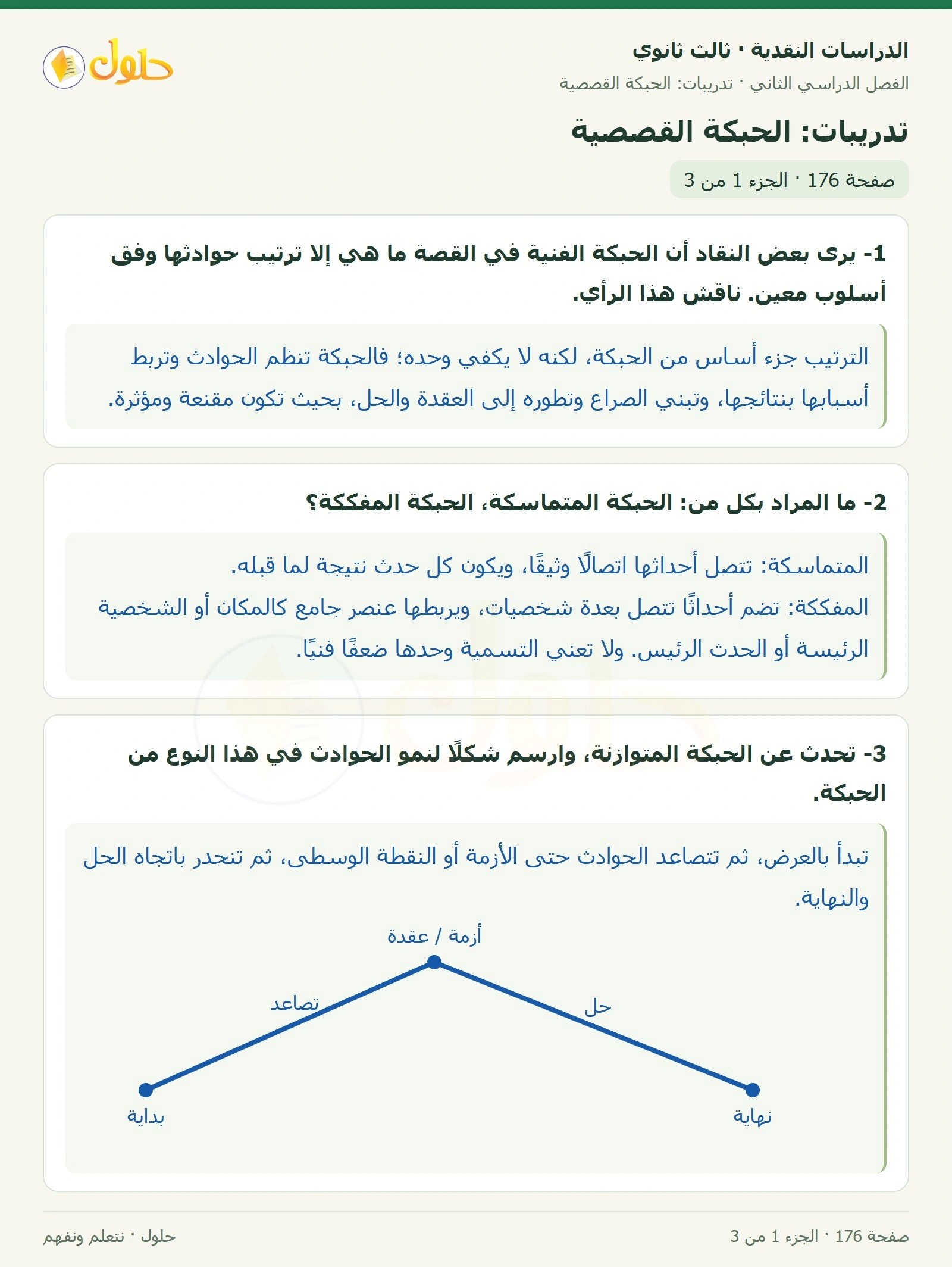 حل الدراسات النقدية ثالث ثانوي صفحة 176 — تدريبات: الحبكة القصصية — الجزء 1 من 3