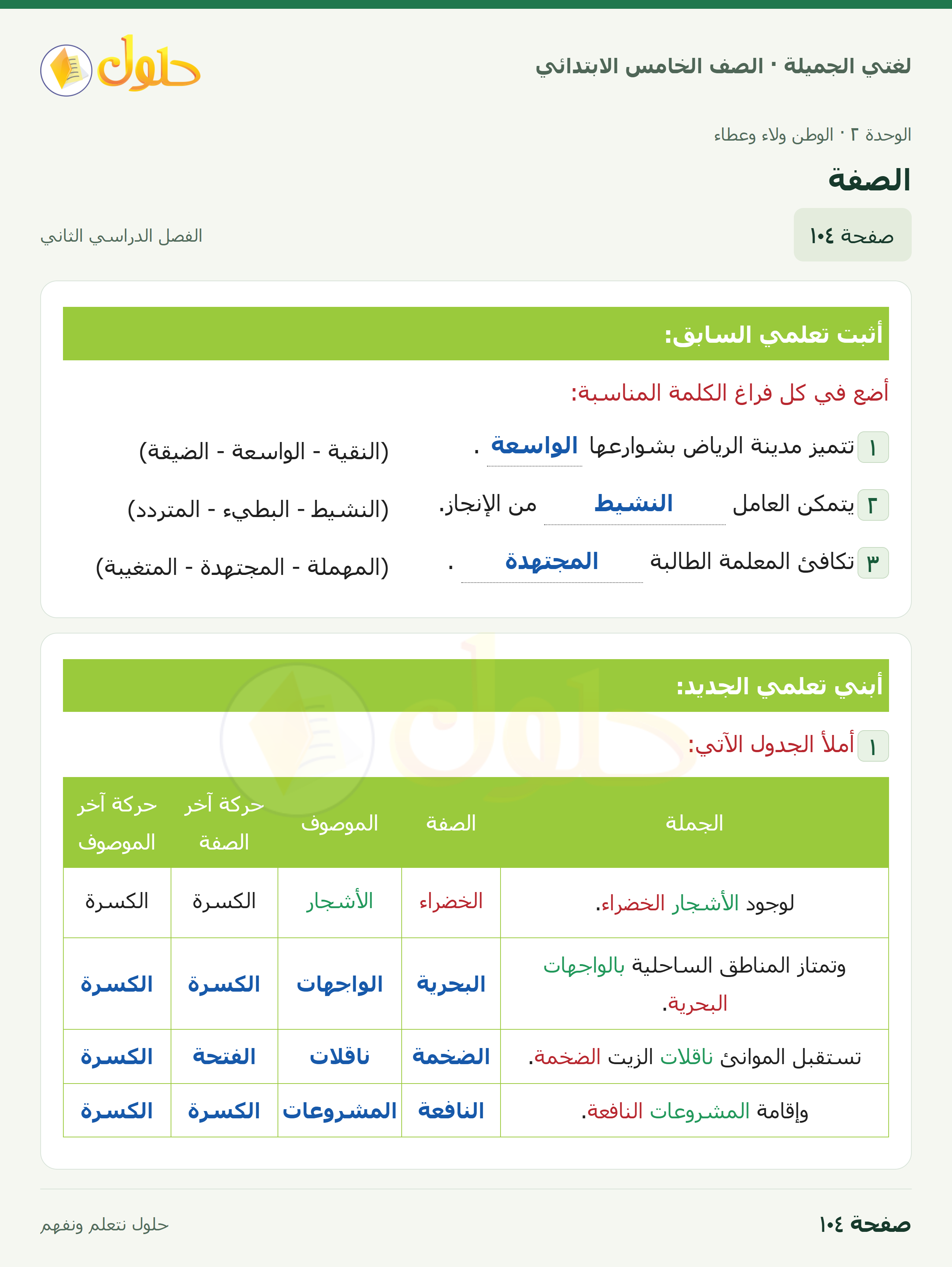 حل لغتي الجميلة للصف الخامس الابتدائي صفحة 104: الصفة