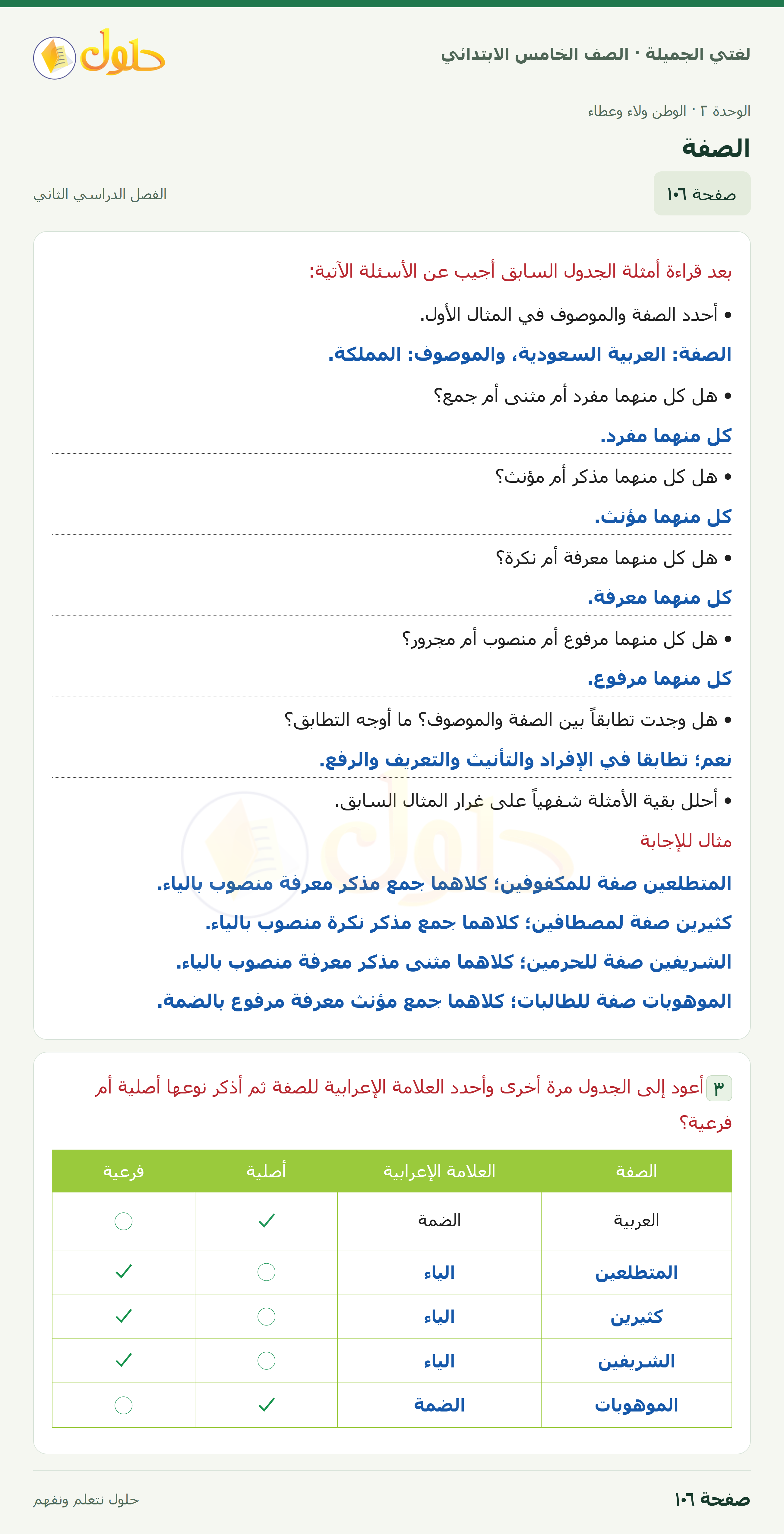 حل لغتي الجميلة للصف الخامس الابتدائي صفحة 106: الصفة