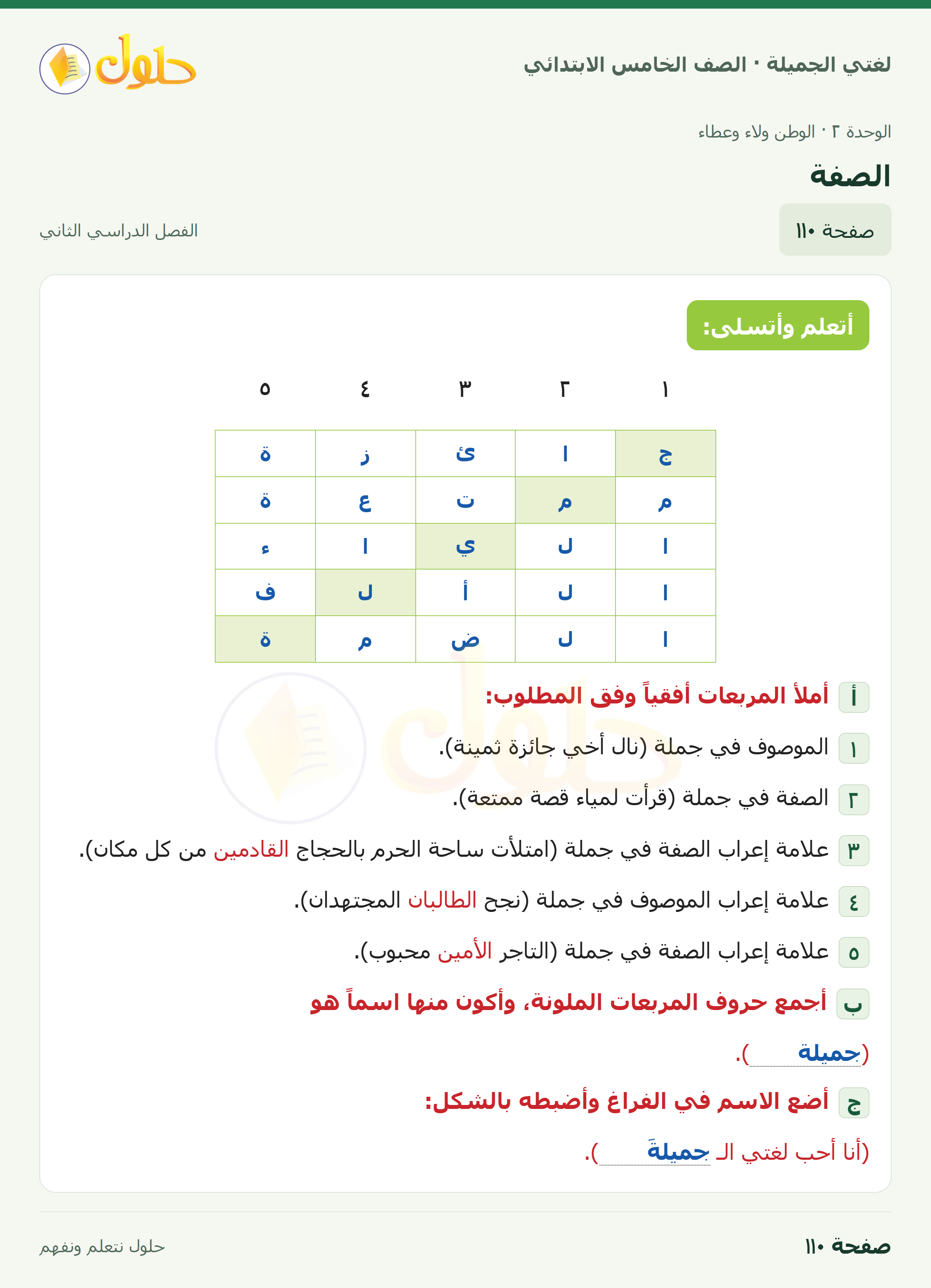 حل لغتي الجميلة للصف الخامس الابتدائي صفحة 110: الصفة