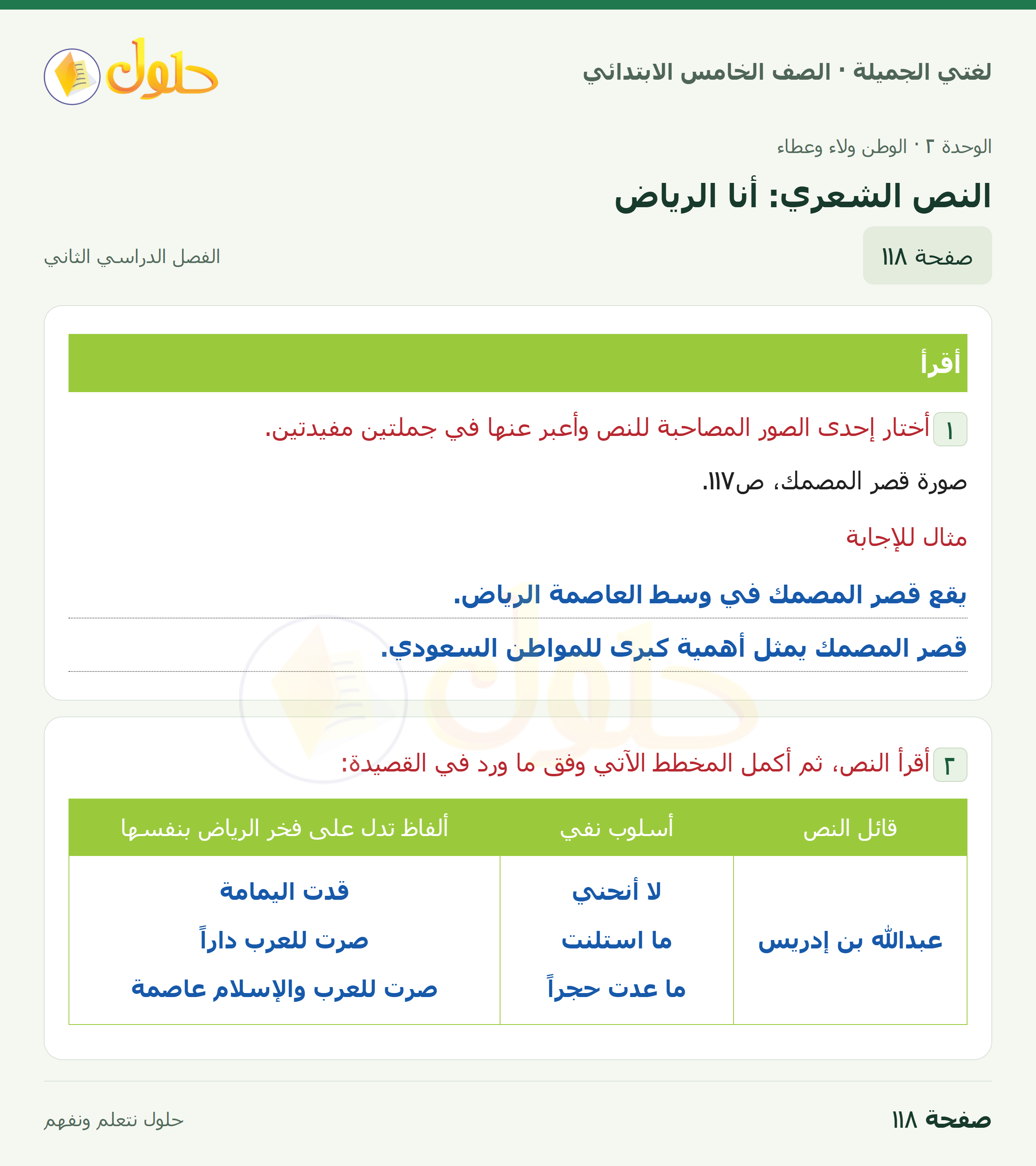 حل لغتي الجميلة للصف الخامس الابتدائي صفحة 118: النص الشعري: أنا الرياض