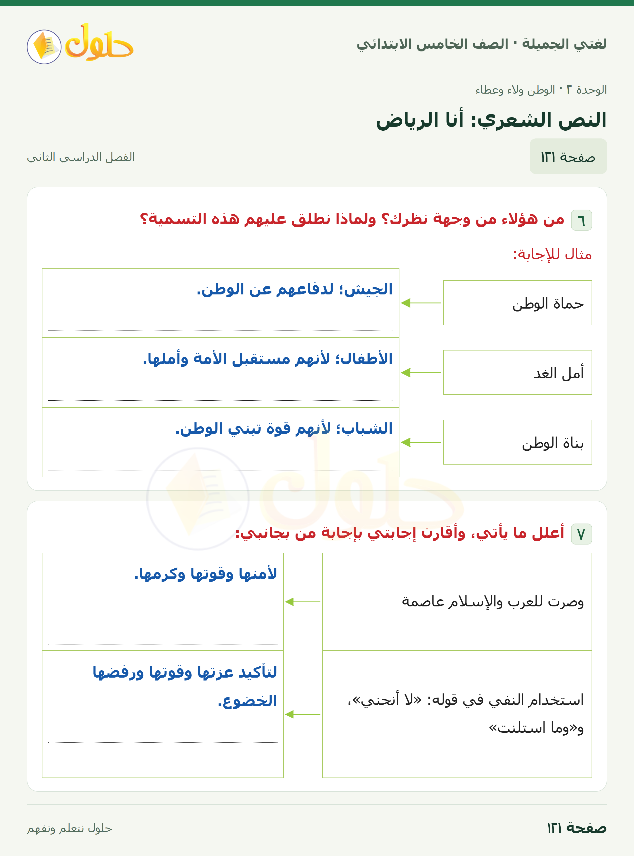 حل لغتي الجميلة للصف الخامس الابتدائي صفحة 121: النص الشعري: أنا الرياض