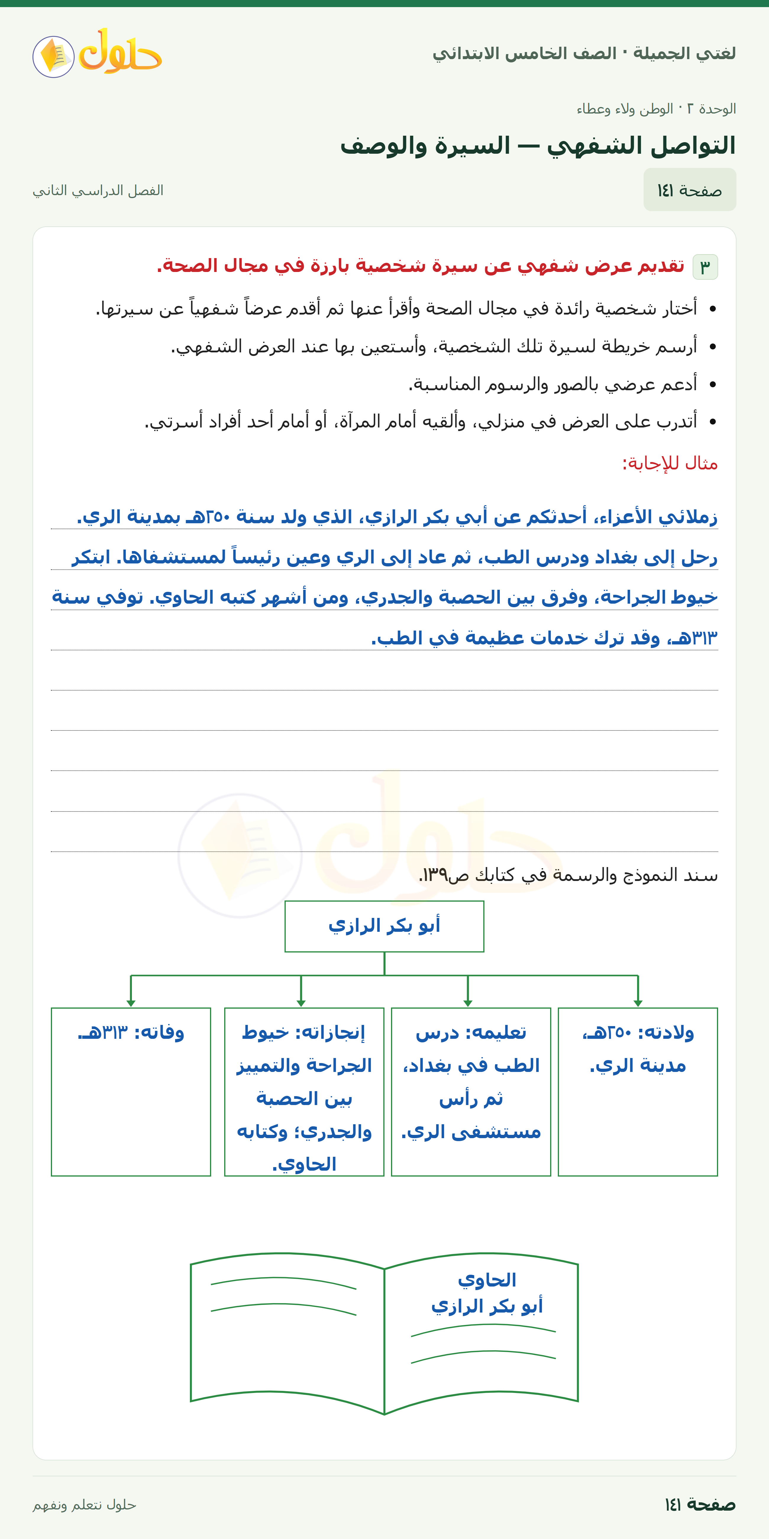 حل لغتي الجميلة للصف الخامس الابتدائي صفحة 141: التواصل الشفهي — السيرة والوصف
