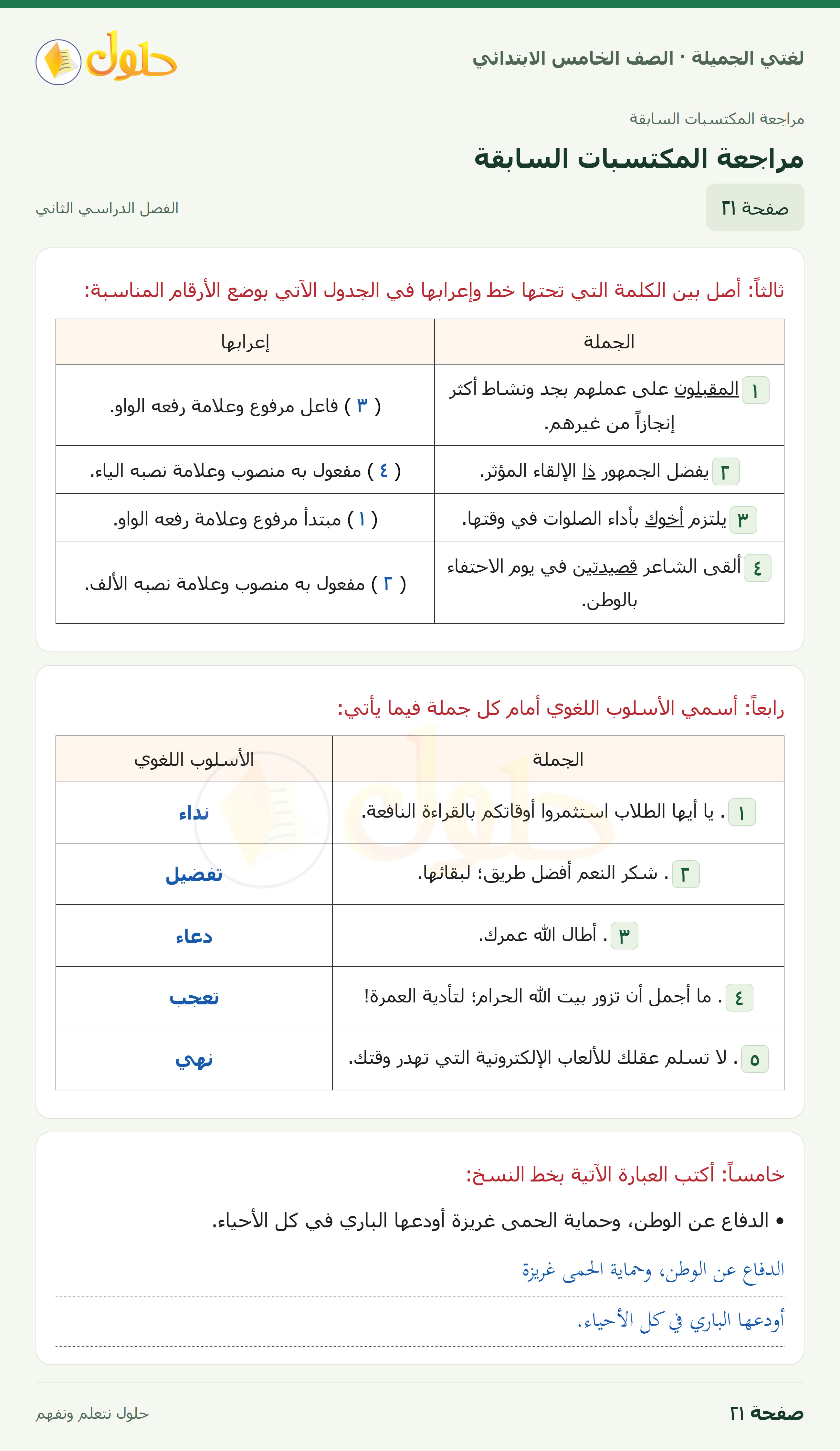 حل لغتي الجميلة للصف الخامس الابتدائي صفحة 21: مراجعة المكتسبات السابقة