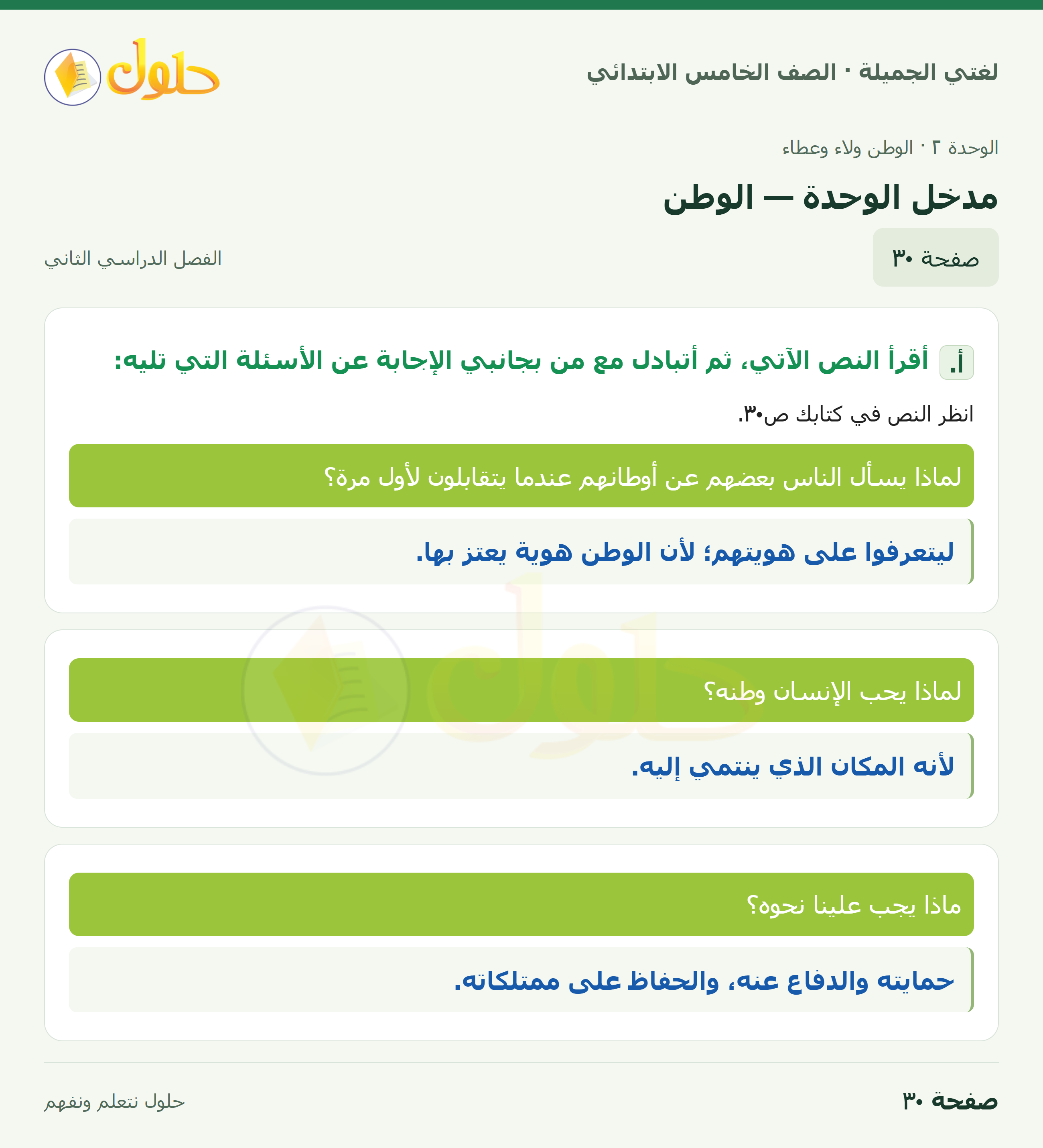 حل لغتي الجميلة للصف الخامس الابتدائي صفحة 30: مدخل الوحدة — الوطن