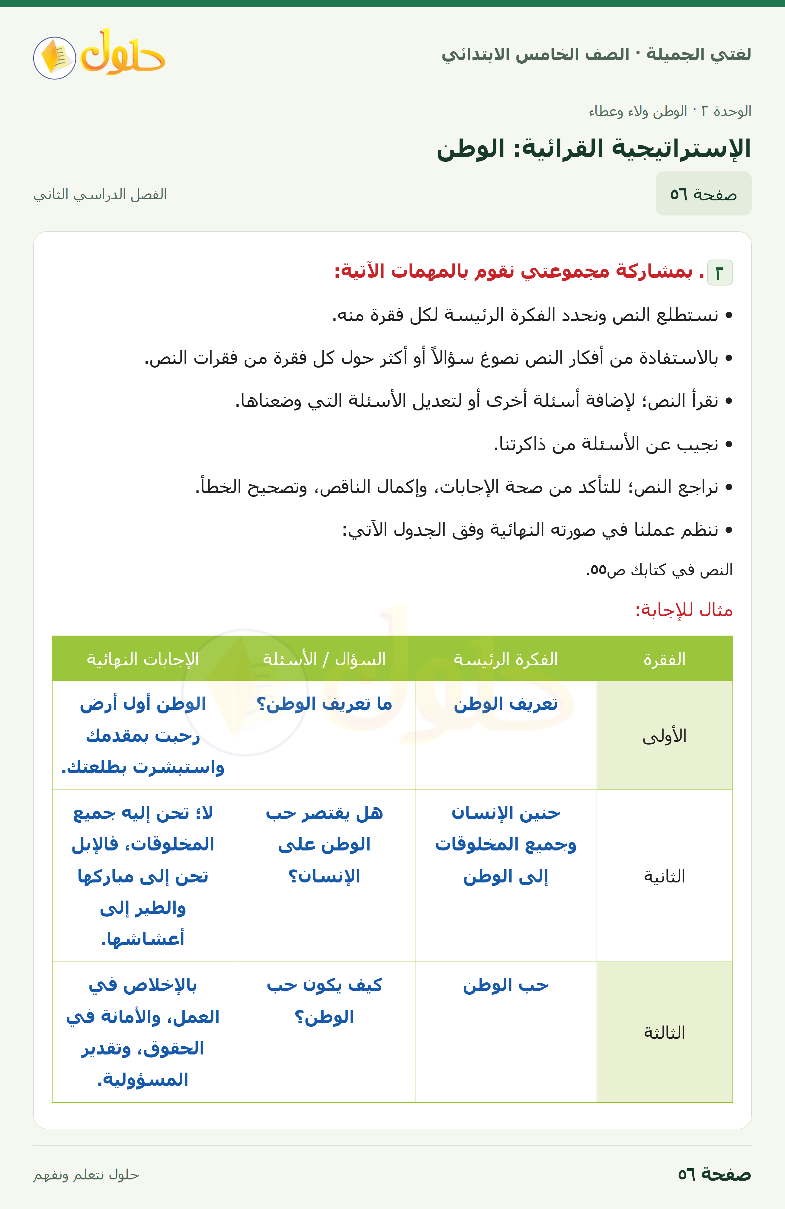 حل لغتي الجميلة للصف الخامس الابتدائي صفحة 56: الإستراتيجية القرائية: الوطن
