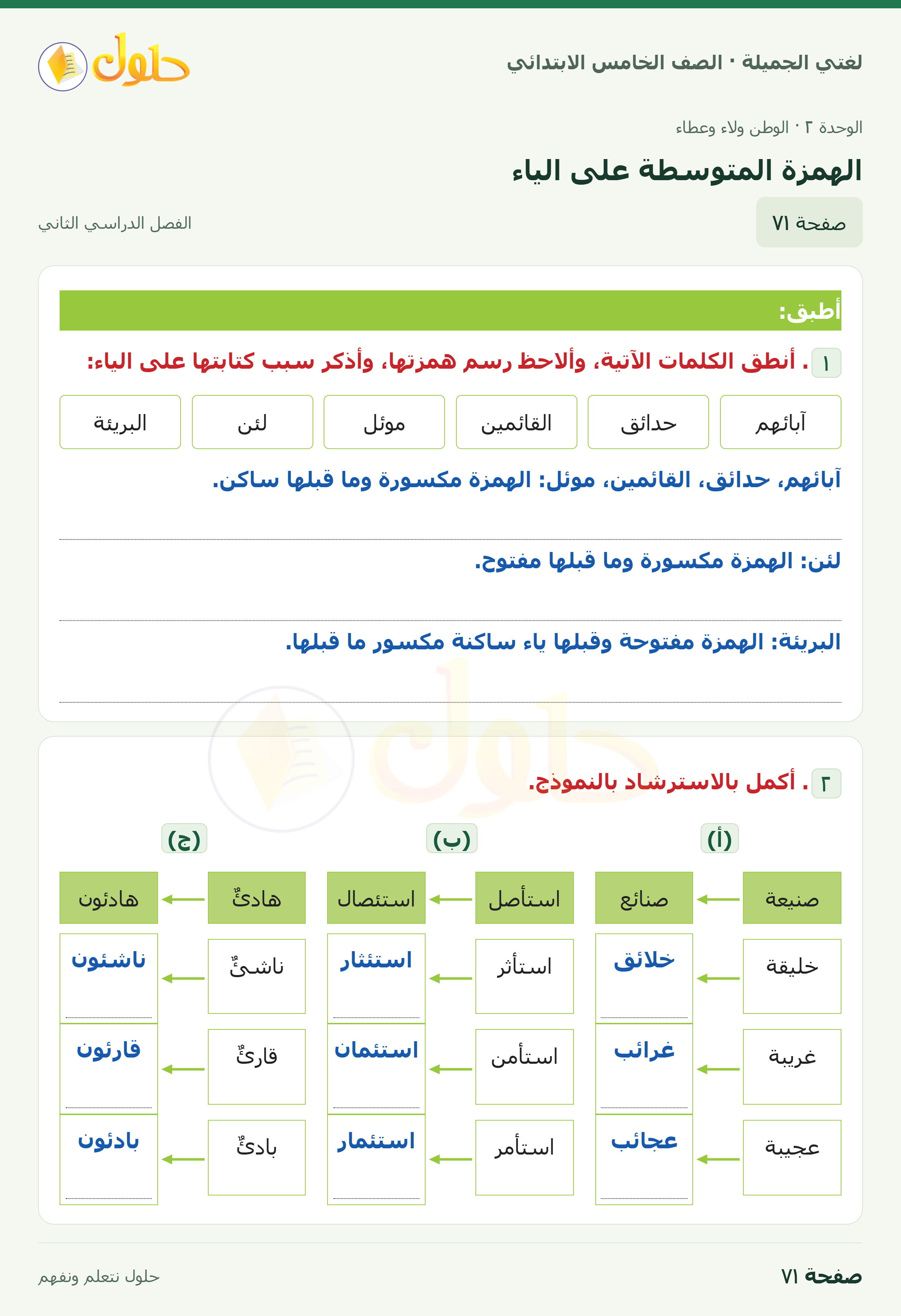 حل لغتي الجميلة للصف الخامس الابتدائي صفحة 71: الهمزة المتوسطة على الياء