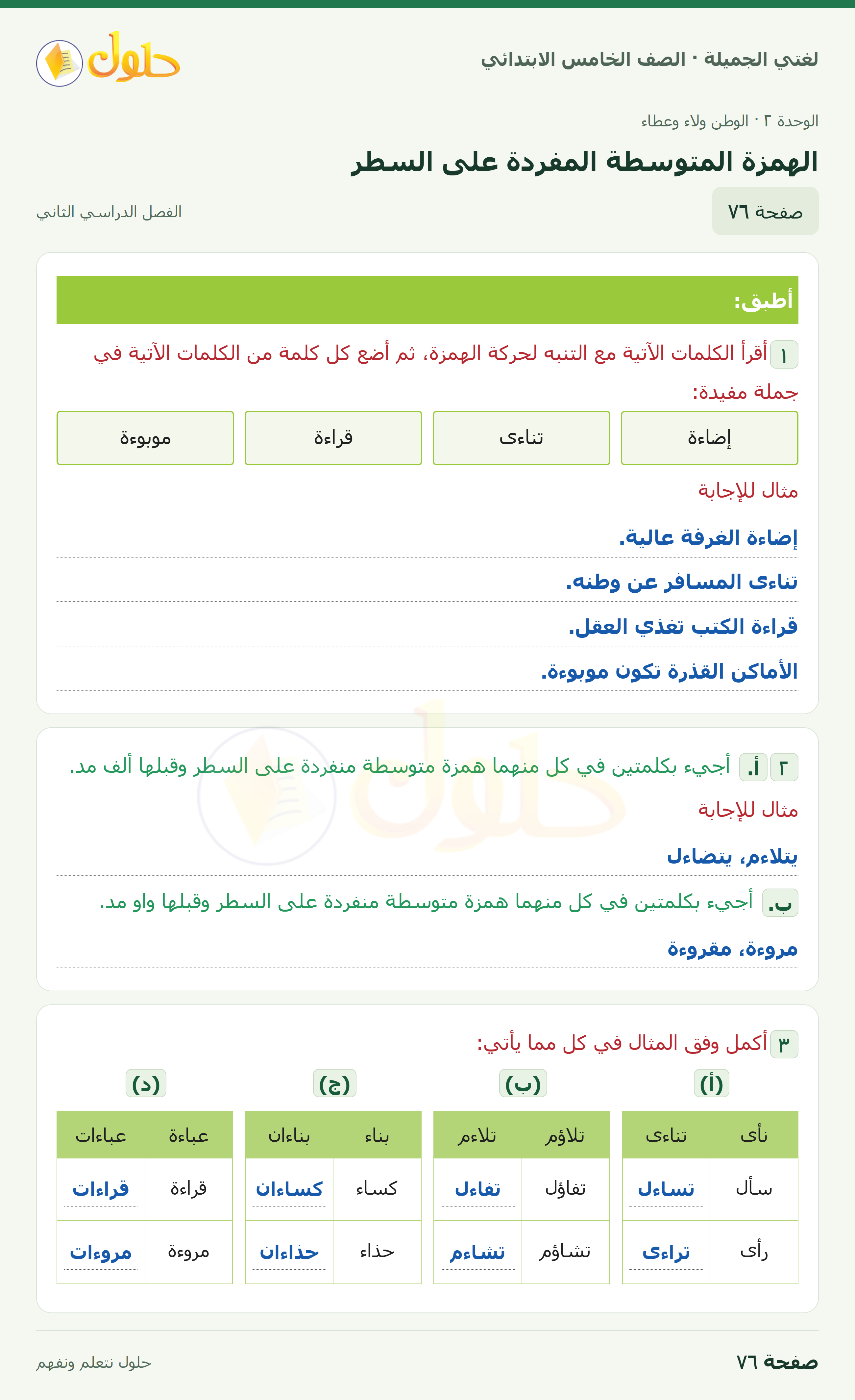 حل لغتي الجميلة للصف الخامس الابتدائي صفحة 76: الهمزة المتوسطة المفردة على السطر