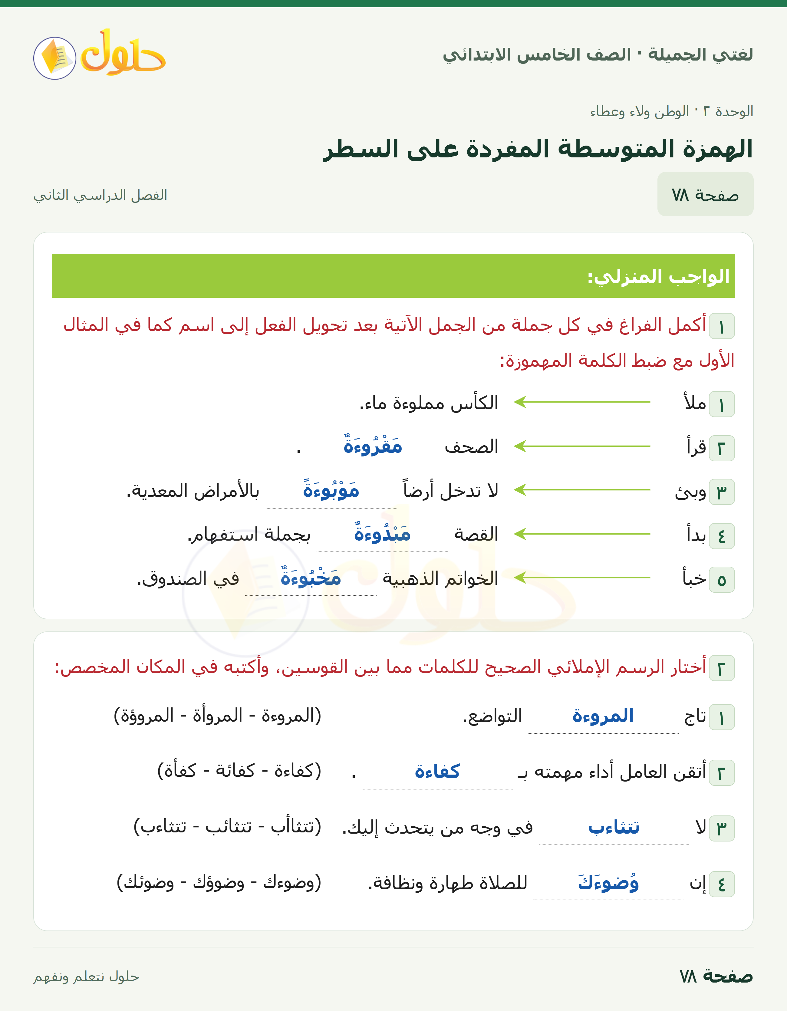 حل لغتي الجميلة للصف الخامس الابتدائي صفحة 78: الهمزة المتوسطة المفردة على السطر