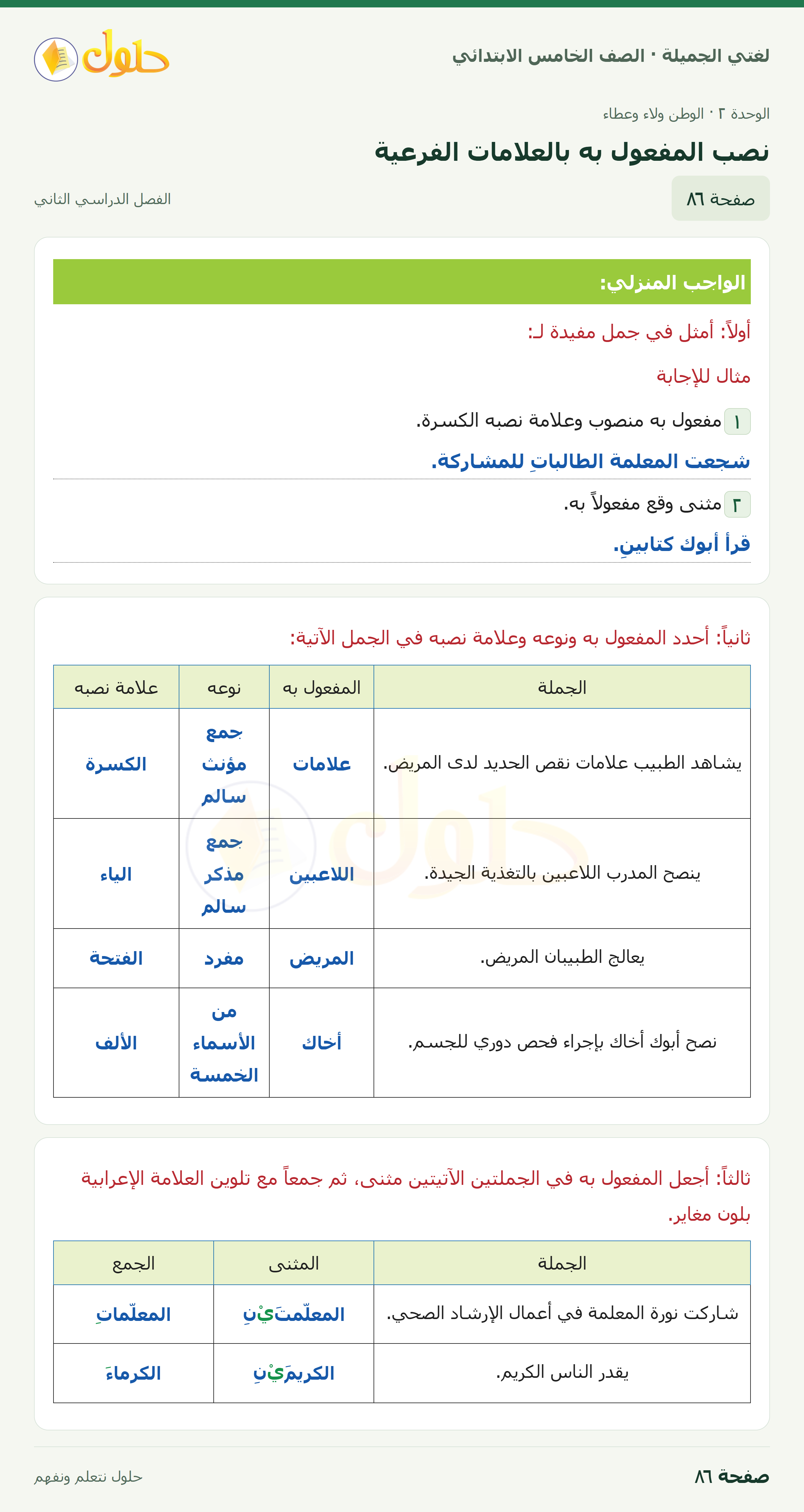 حل لغتي الجميلة للصف الخامس الابتدائي صفحة 86: نصب المفعول به بالعلامات الفرعية