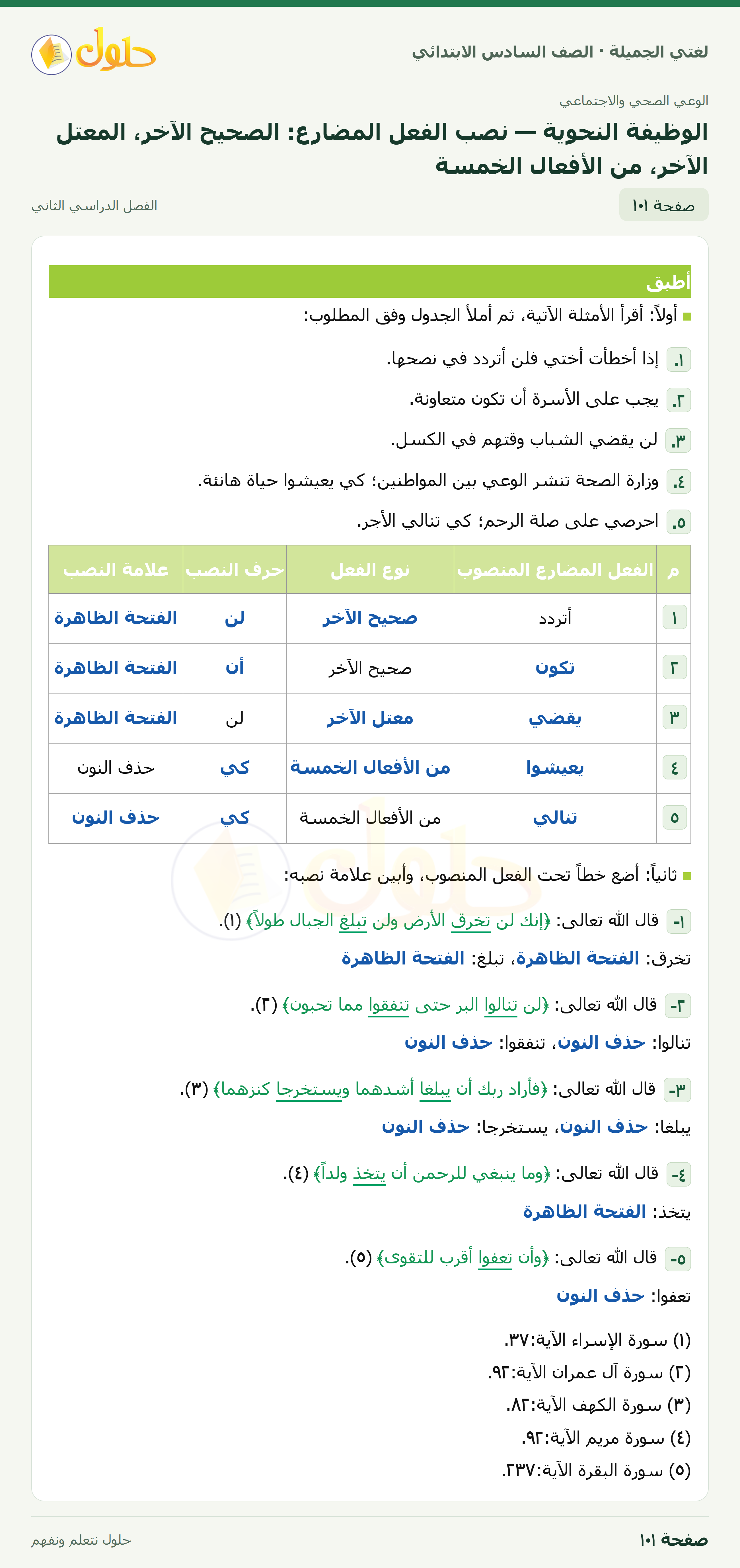 لغتي الجميلة · الوظيفة النحوية — نصب الفعل المضارع: الصحيح الآخر، المعتل الآخر، من الأفعال الخمسة · صفحة ١٠١