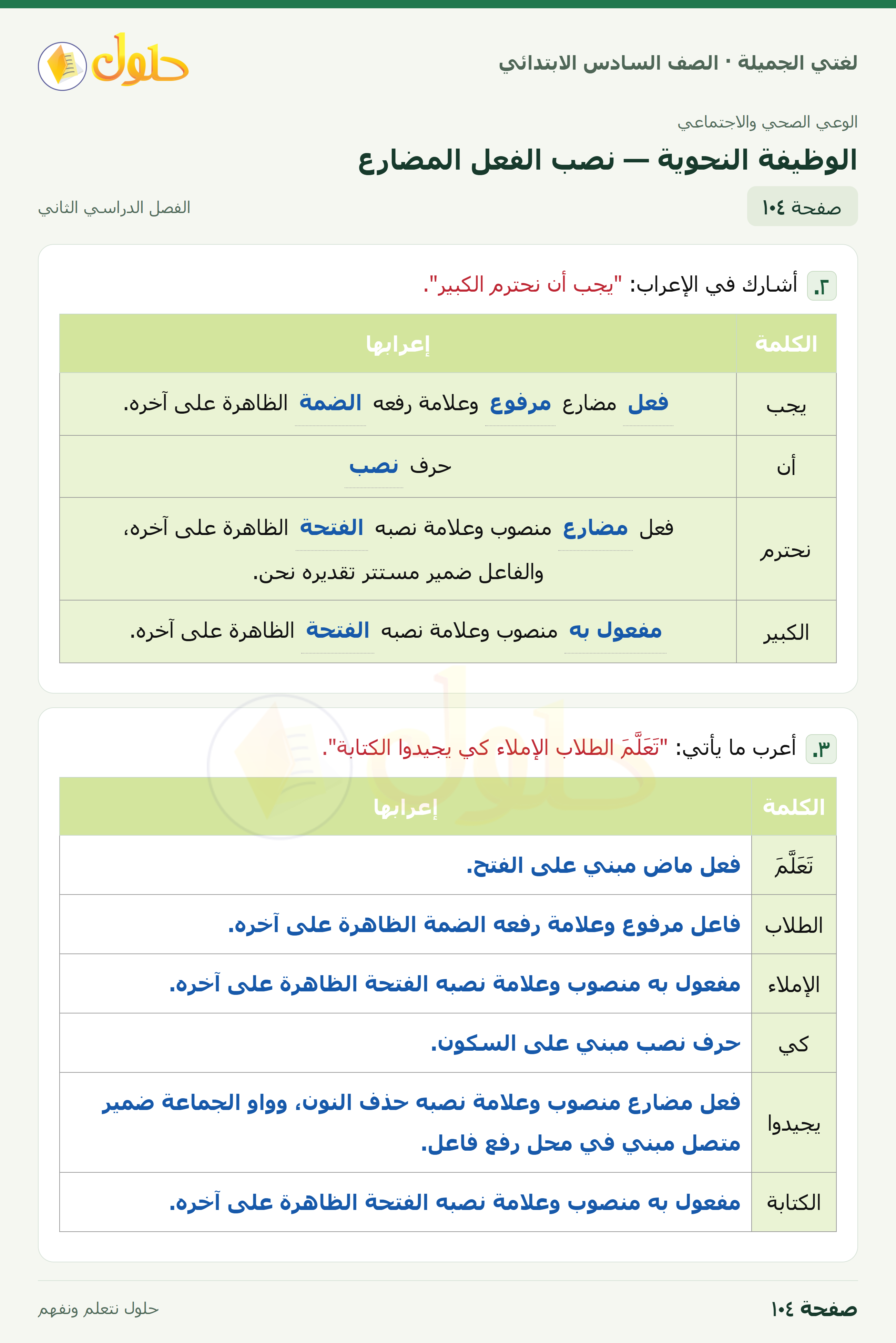 لغتي الجميلة · الوظيفة النحوية — نصب الفعل المضارع · صفحة ١٠٤