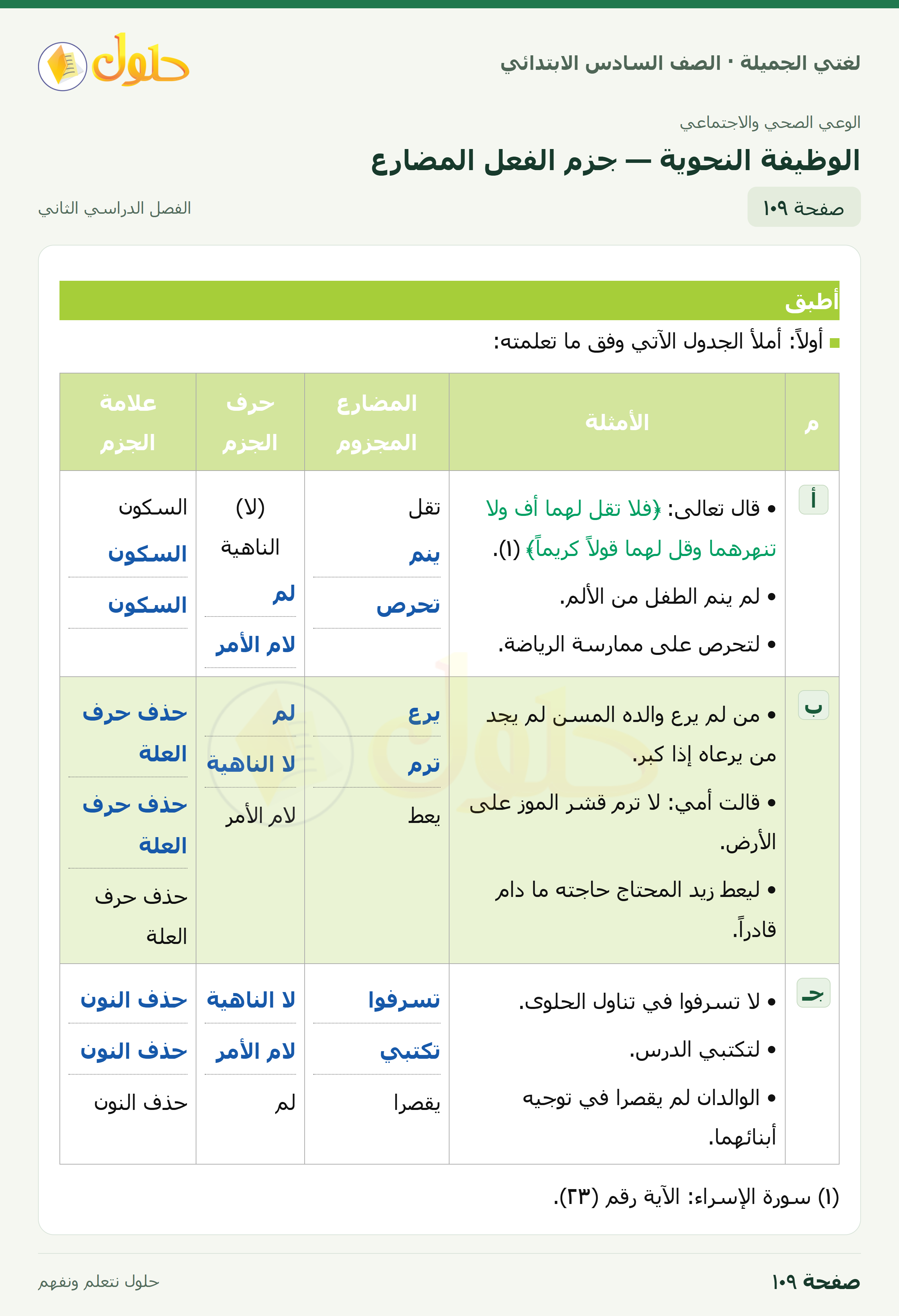 لغتي الجميلة · الوظيفة النحوية — جزم الفعل المضارع · صفحة ١٠٩