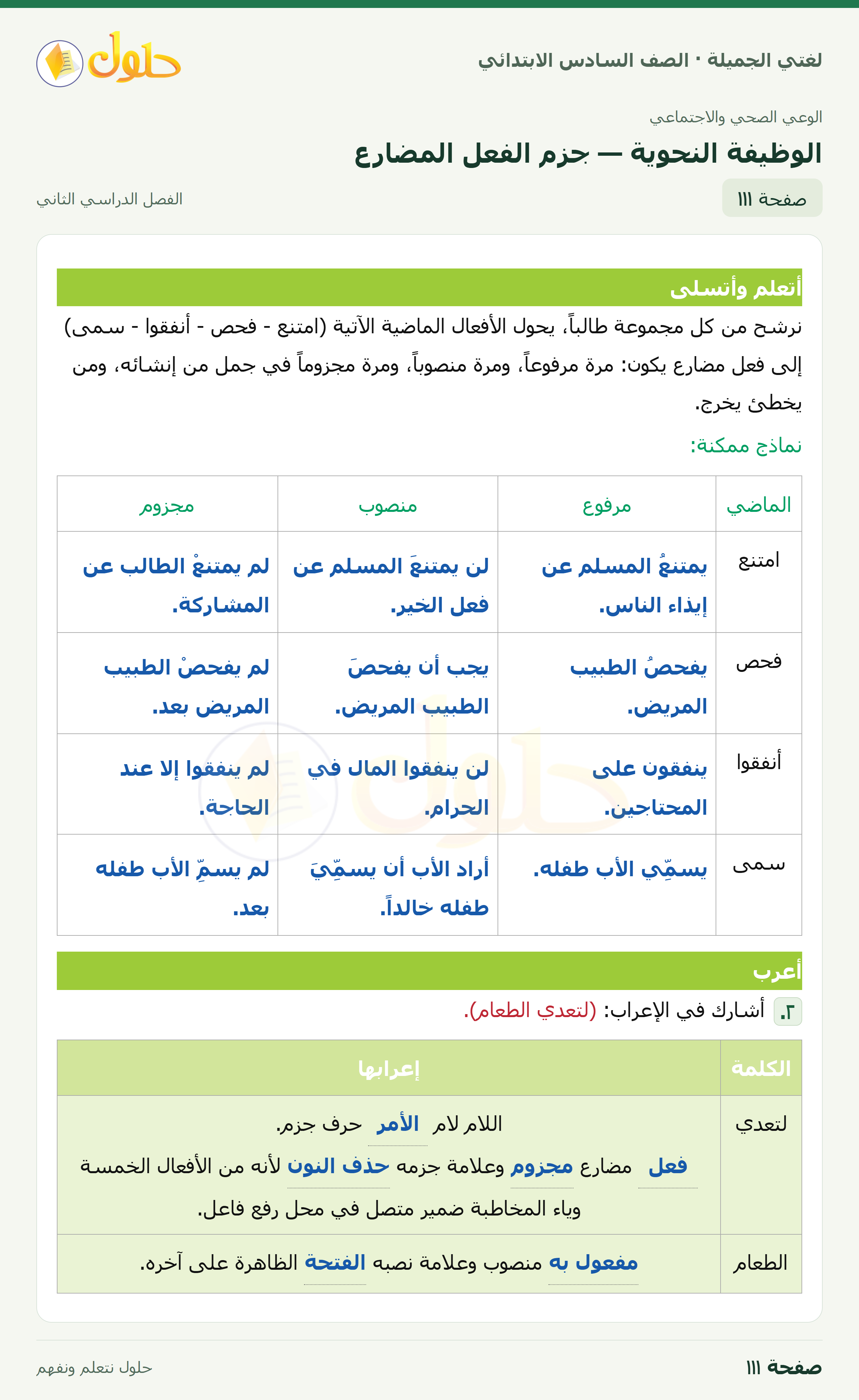 لغتي الجميلة · الوظيفة النحوية — جزم الفعل المضارع · صفحة ١١١
