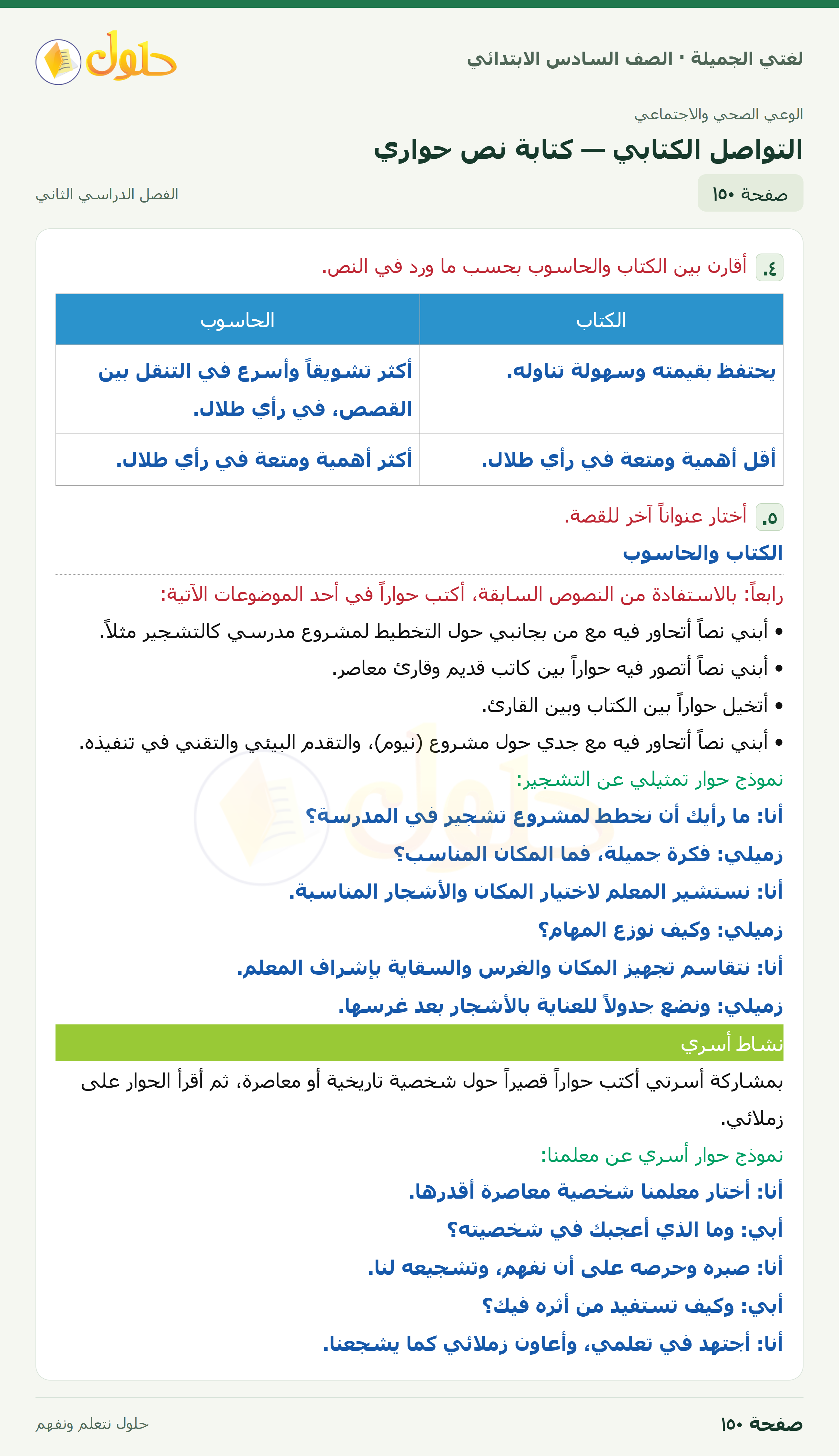 لغتي الجميلة · التواصل الكتابي — كتابة نص حواري · صفحة ١٥٠