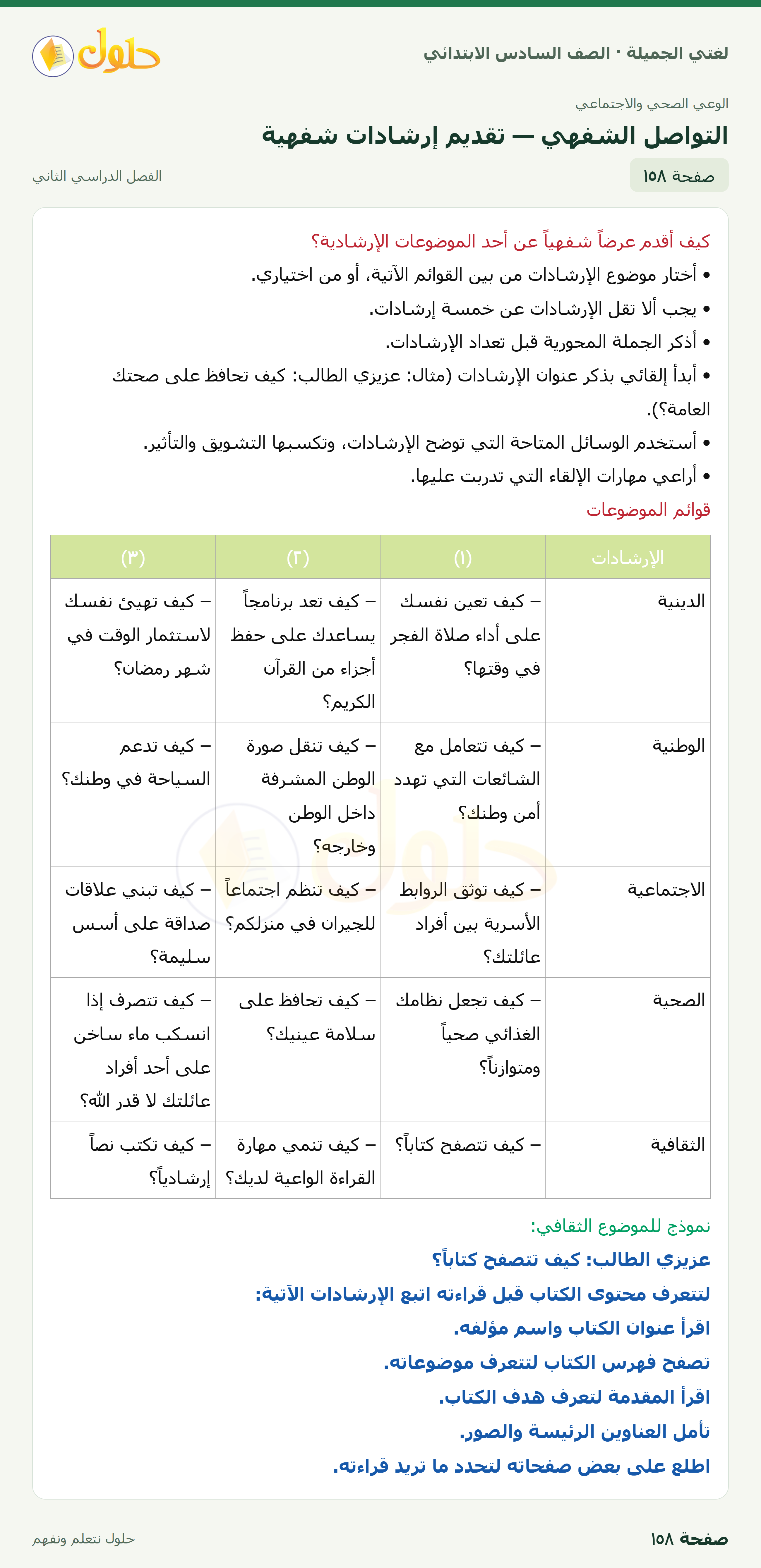 لغتي الجميلة · التواصل الشفهي — تقديم إرشادات شفهية · صفحة ١٥٨