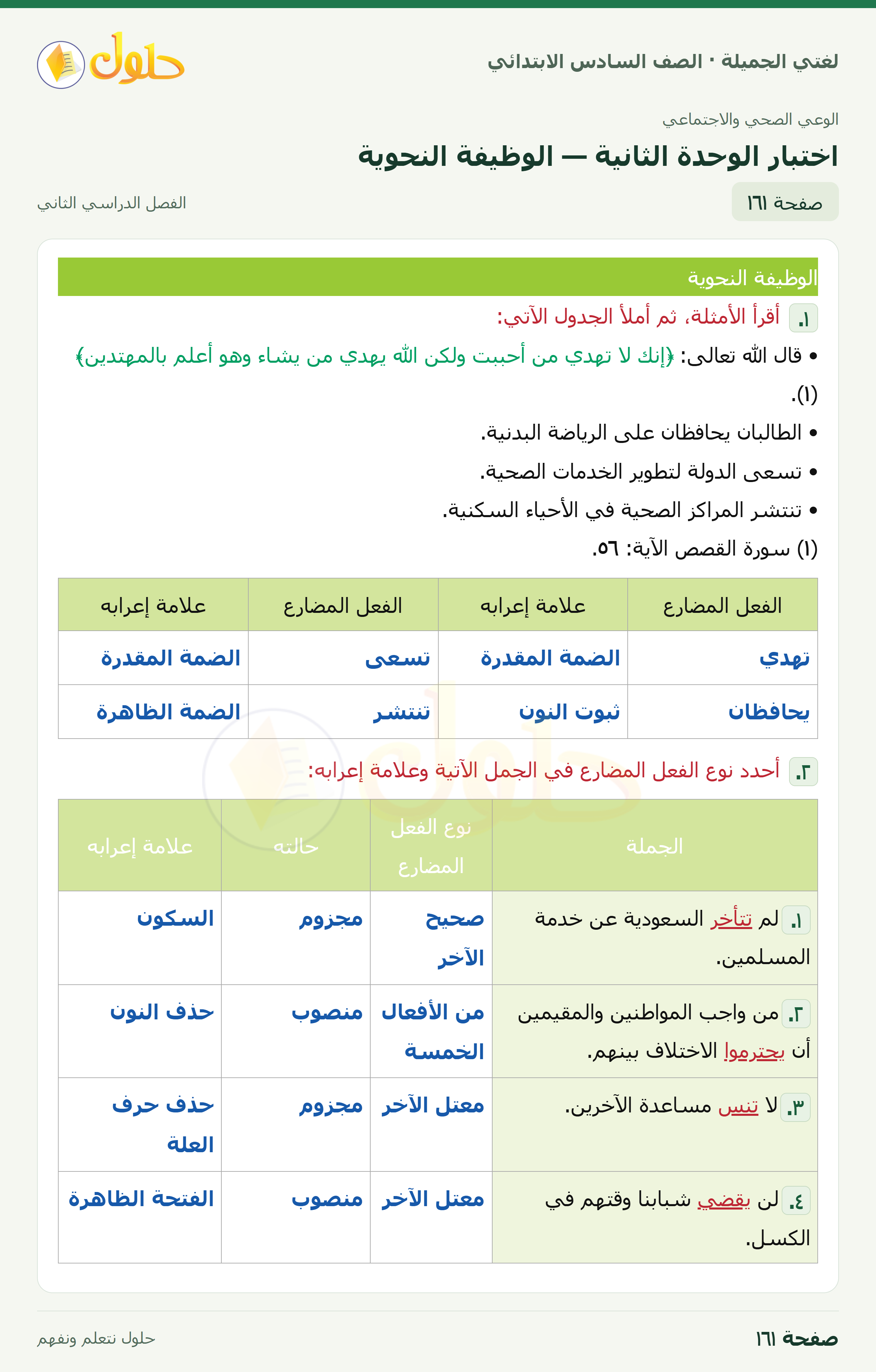 لغتي الجميلة · اختبار الوحدة الثانية — الوظيفة النحوية · صفحة ١٦١