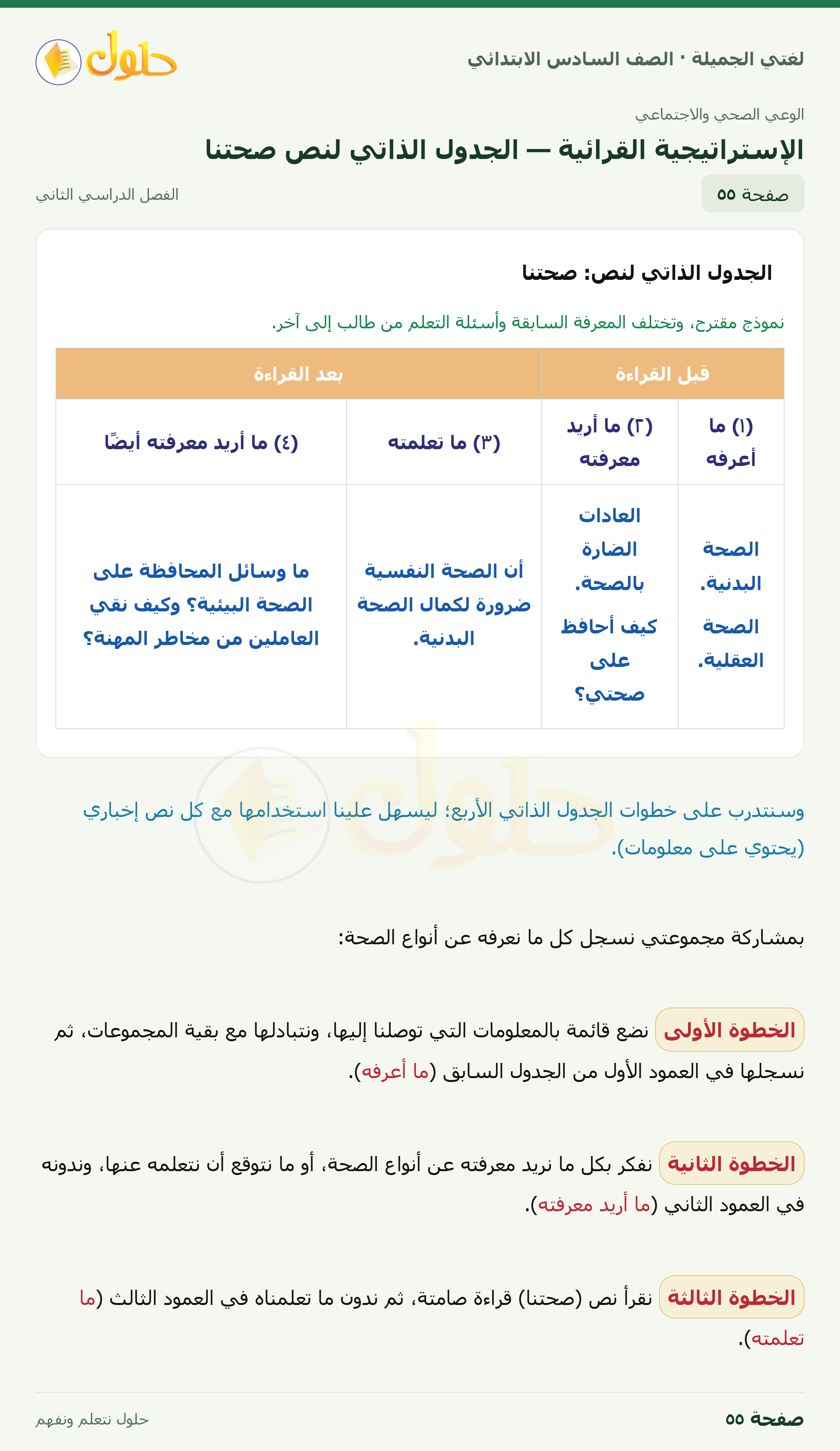 لغتي الجميلة · الإستراتيجية القرائية — الجدول الذاتي لنص صحتنا · صفحة ٥٥