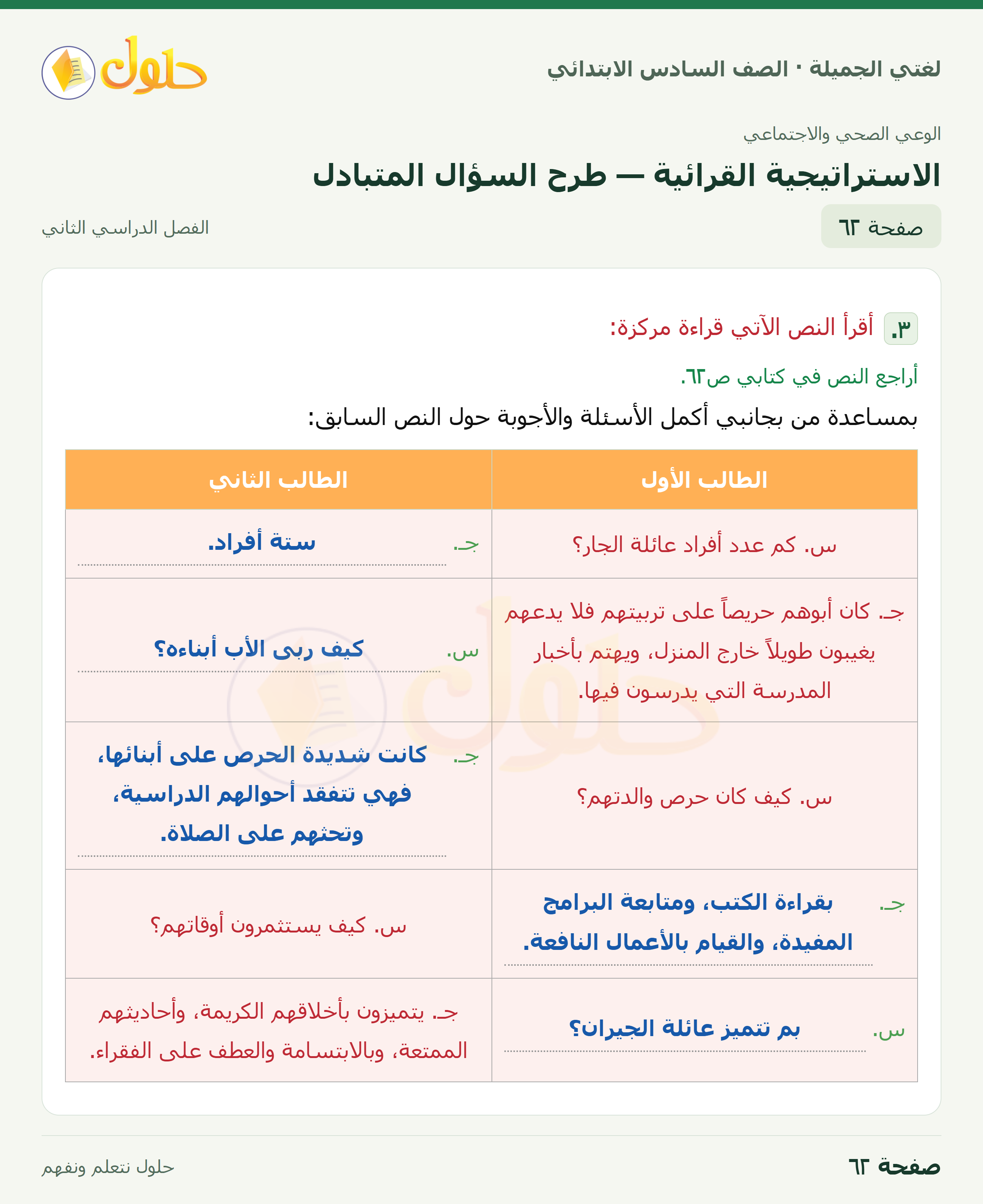 لغتي الجميلة · الاستراتيجية القرائية — طرح السؤال المتبادل · صفحة ٦٢