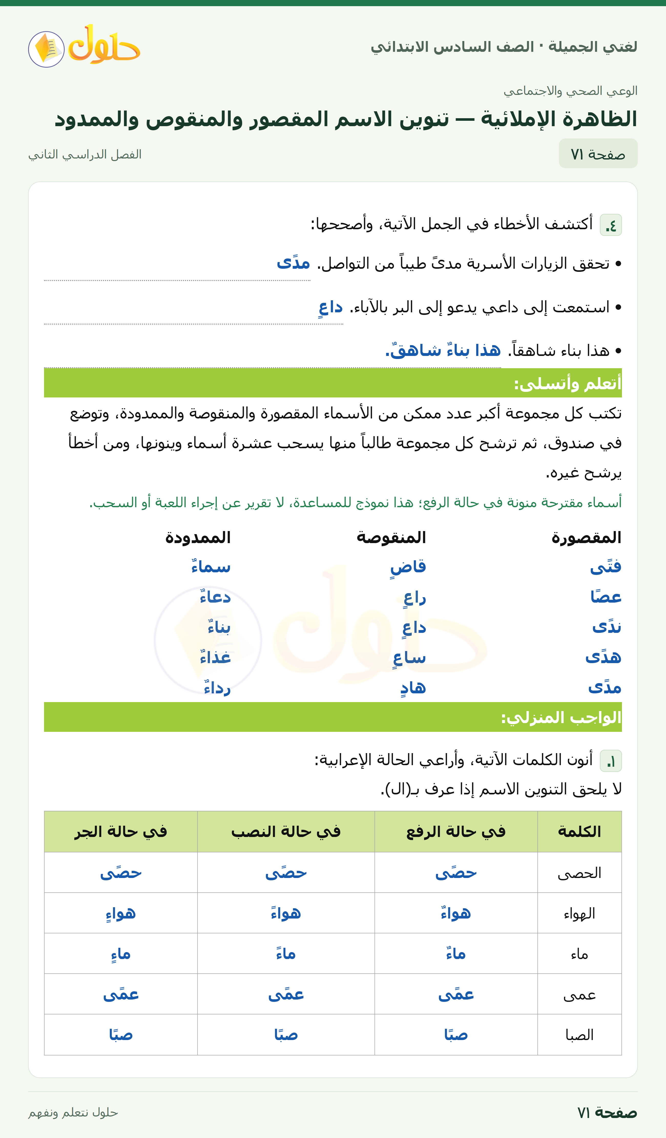 لغتي الجميلة · الظاهرة الإملائية — تنوين الاسم المقصور والمنقوص والممدود · صفحة ٧١