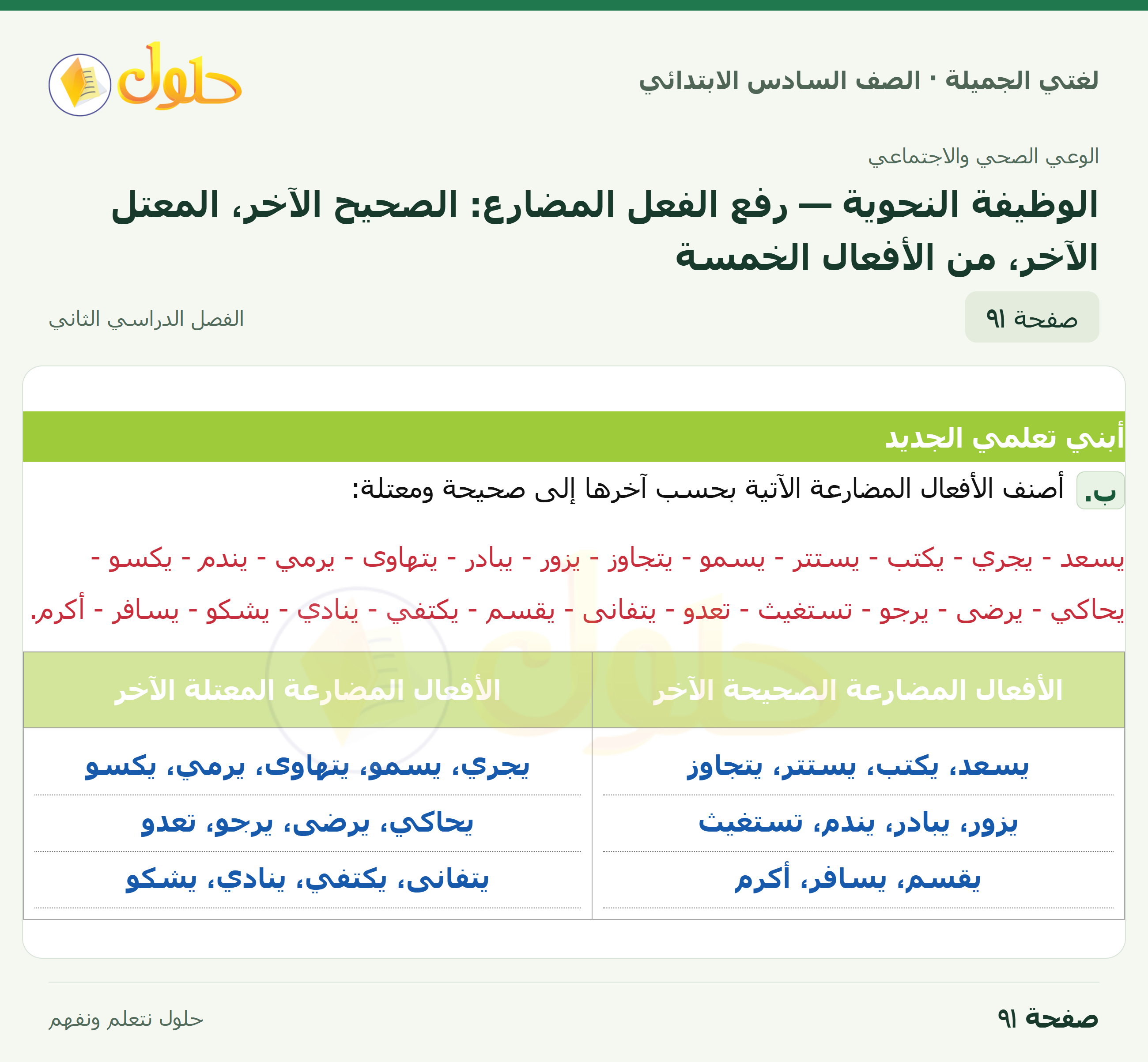 لغتي الجميلة · الوظيفة النحوية — رفع الفعل المضارع: الصحيح الآخر، المعتل الآخر، من الأفعال الخمسة · صفحة ٩١