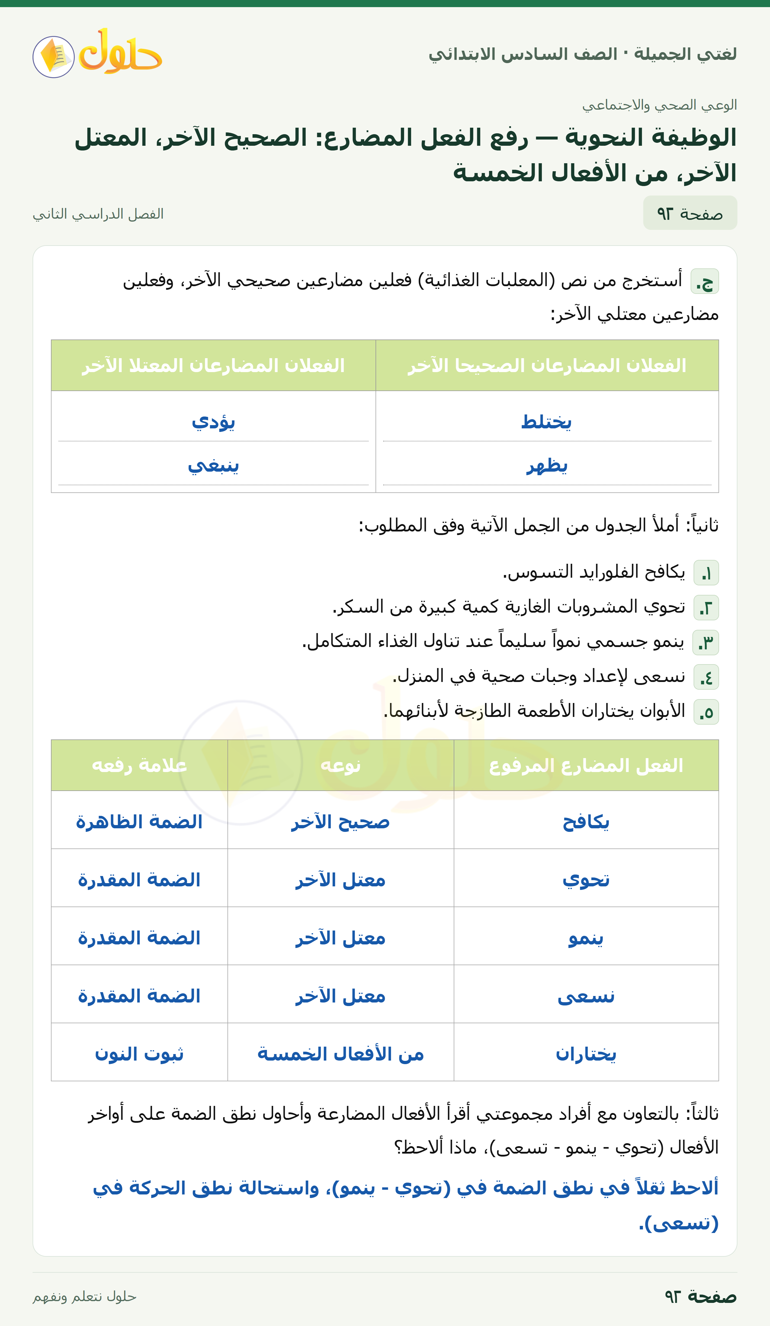 لغتي الجميلة · الوظيفة النحوية — رفع الفعل المضارع: الصحيح الآخر، المعتل الآخر، من الأفعال الخمسة · صفحة ٩٢