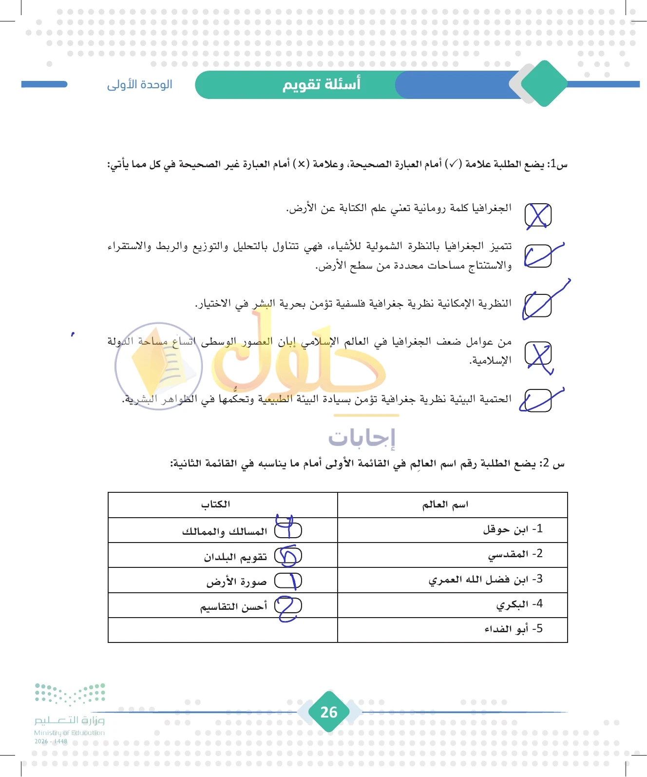 حل الجغرافيا للصف الثالث الثانوي صفحة 26