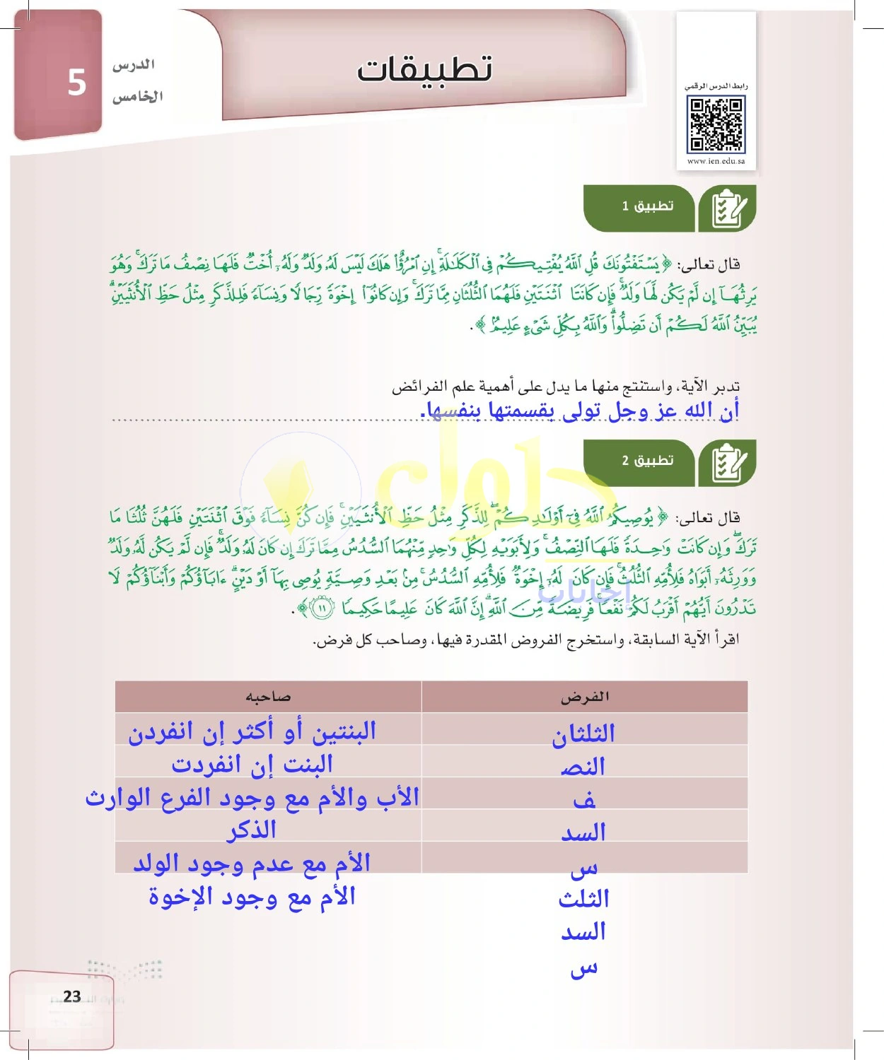 حل الفرائض للصف الثالث الثانوي صفحة 23