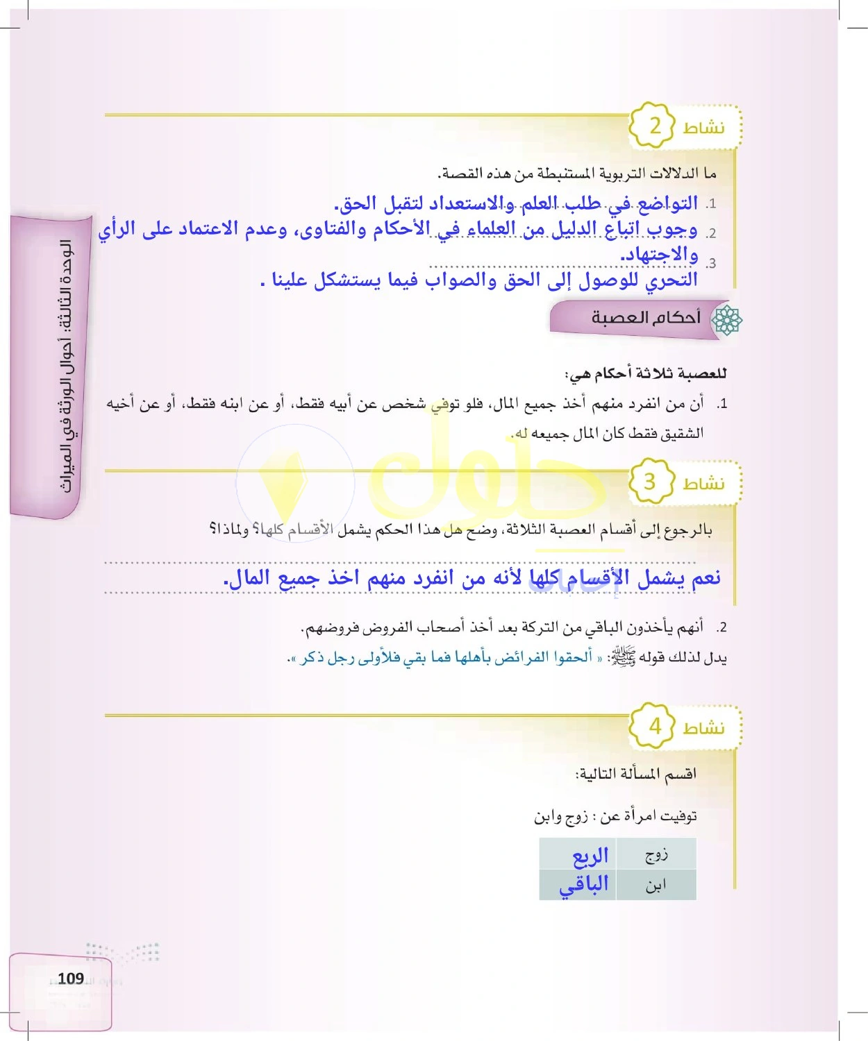 حل الفرائض للصف الثالث الثانوي صفحة 109