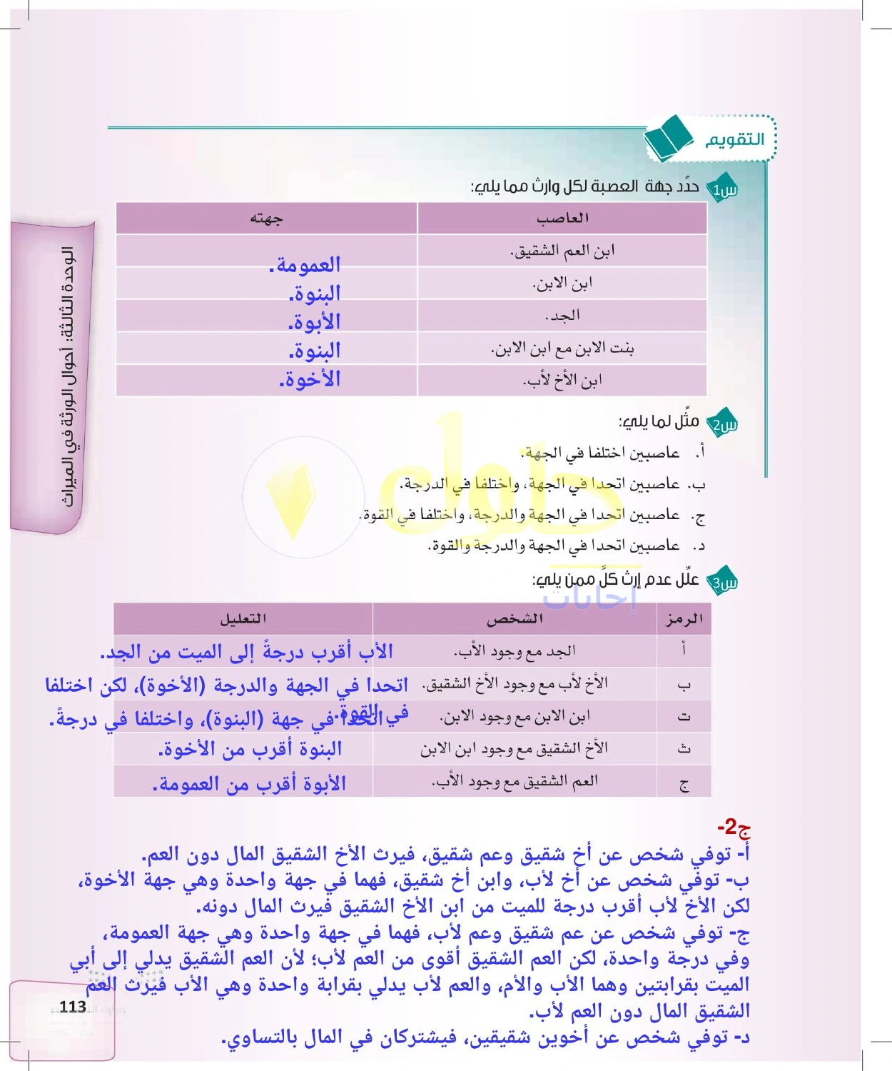 حل الفرائض للصف الثالث الثانوي صفحة 113