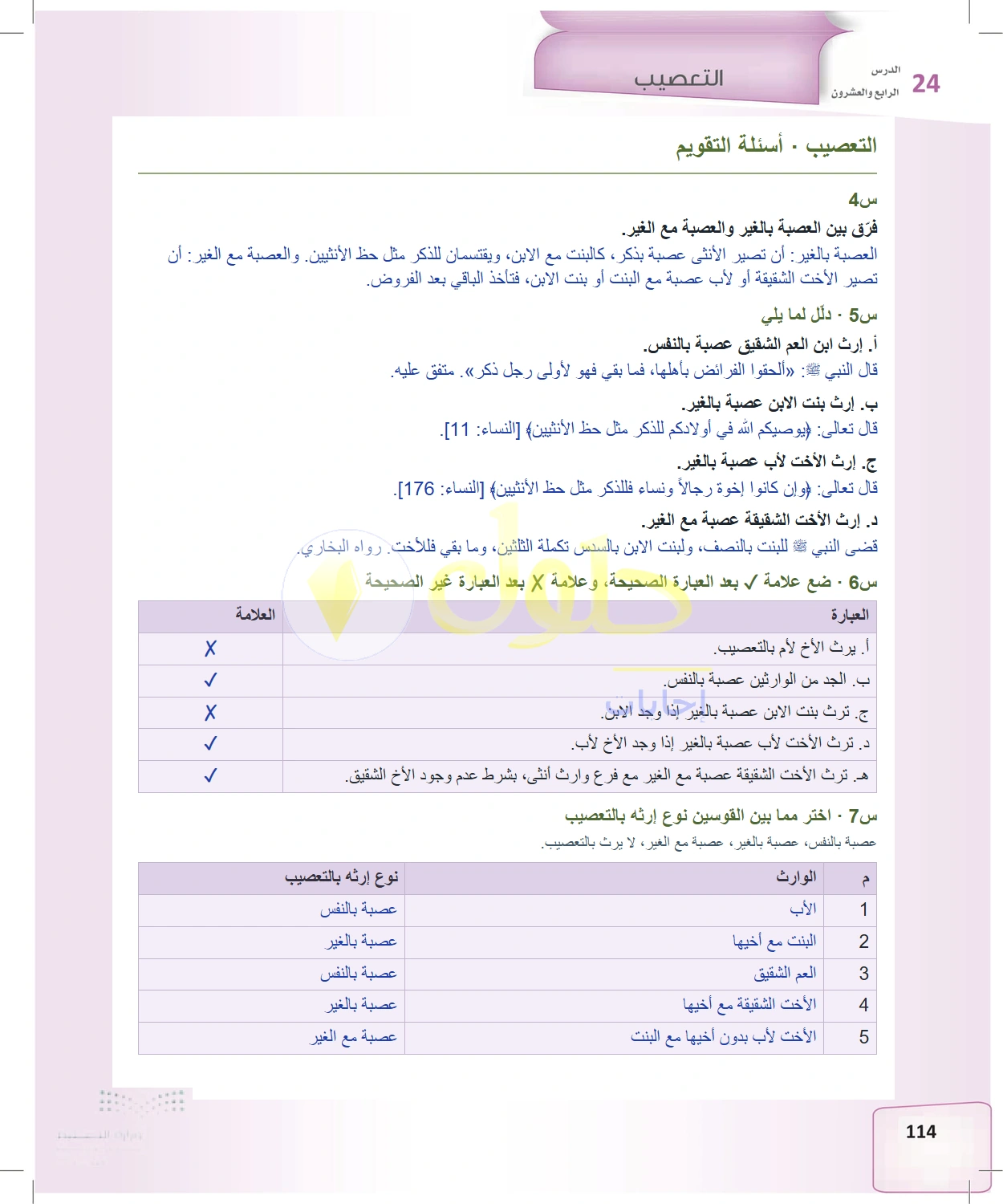 حل الفرائض للصف الثالث الثانوي صفحة 114