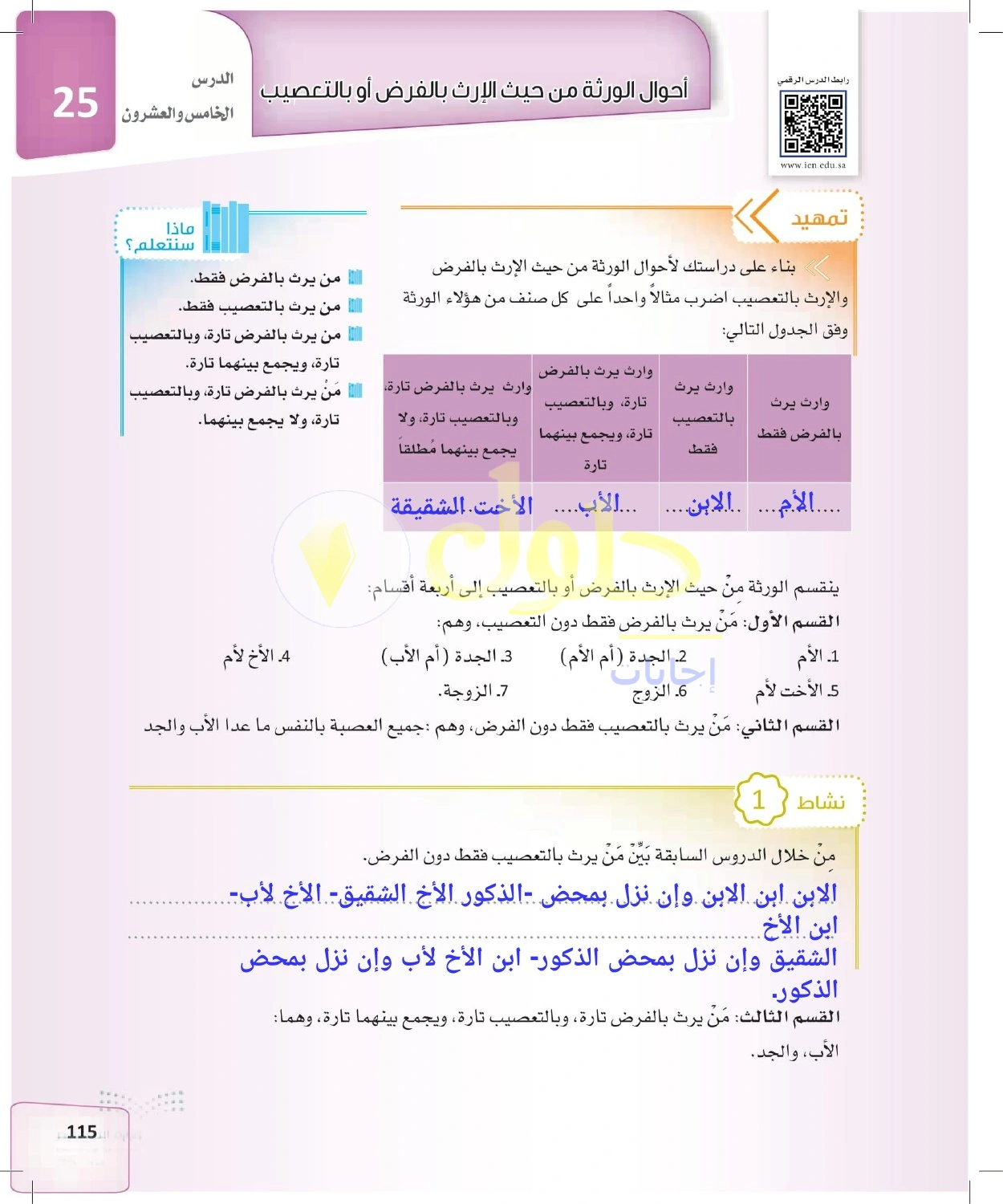 حل الفرائض للصف الثالث الثانوي صفحة 115