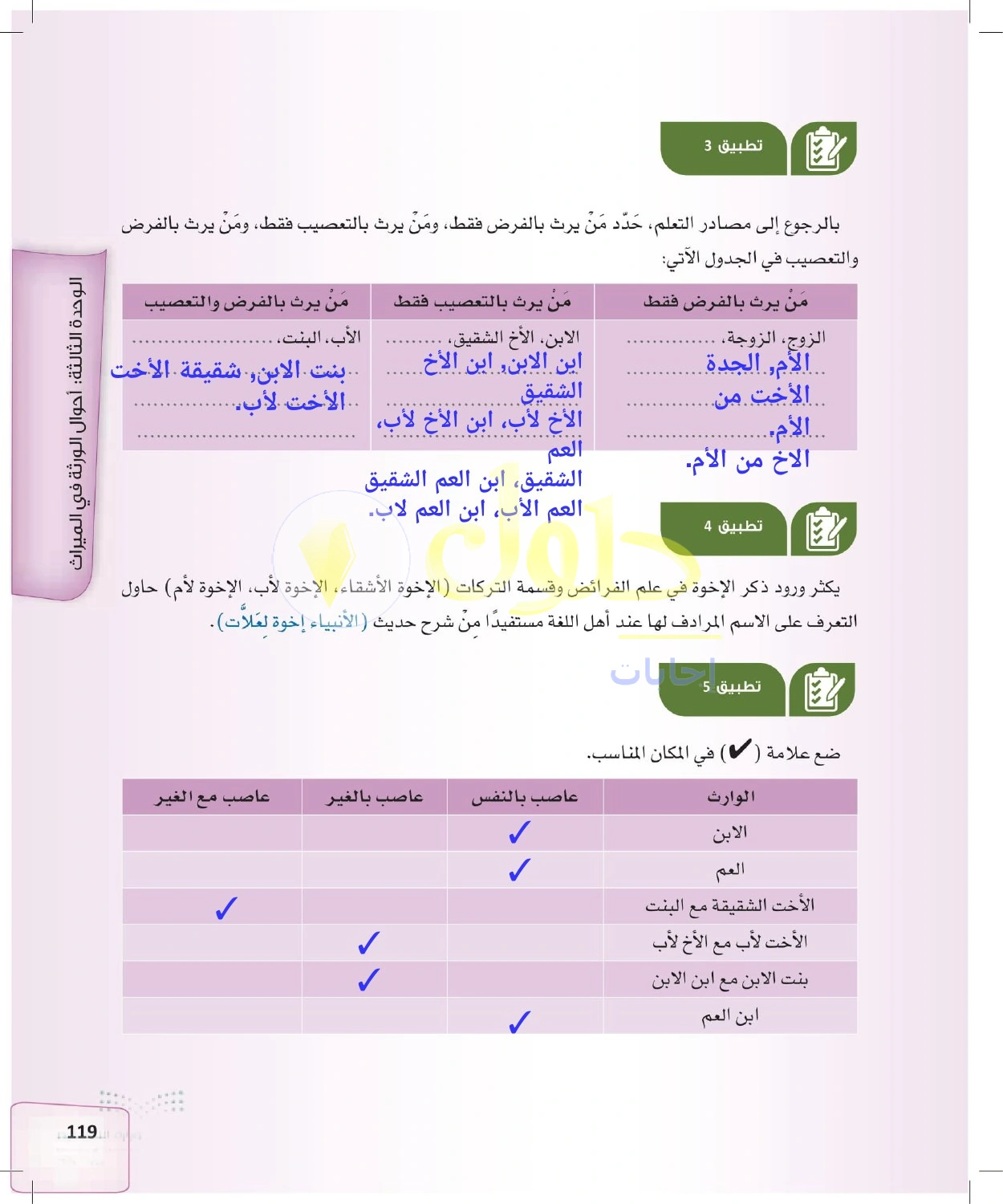 حل الفرائض للصف الثالث الثانوي صفحة 119