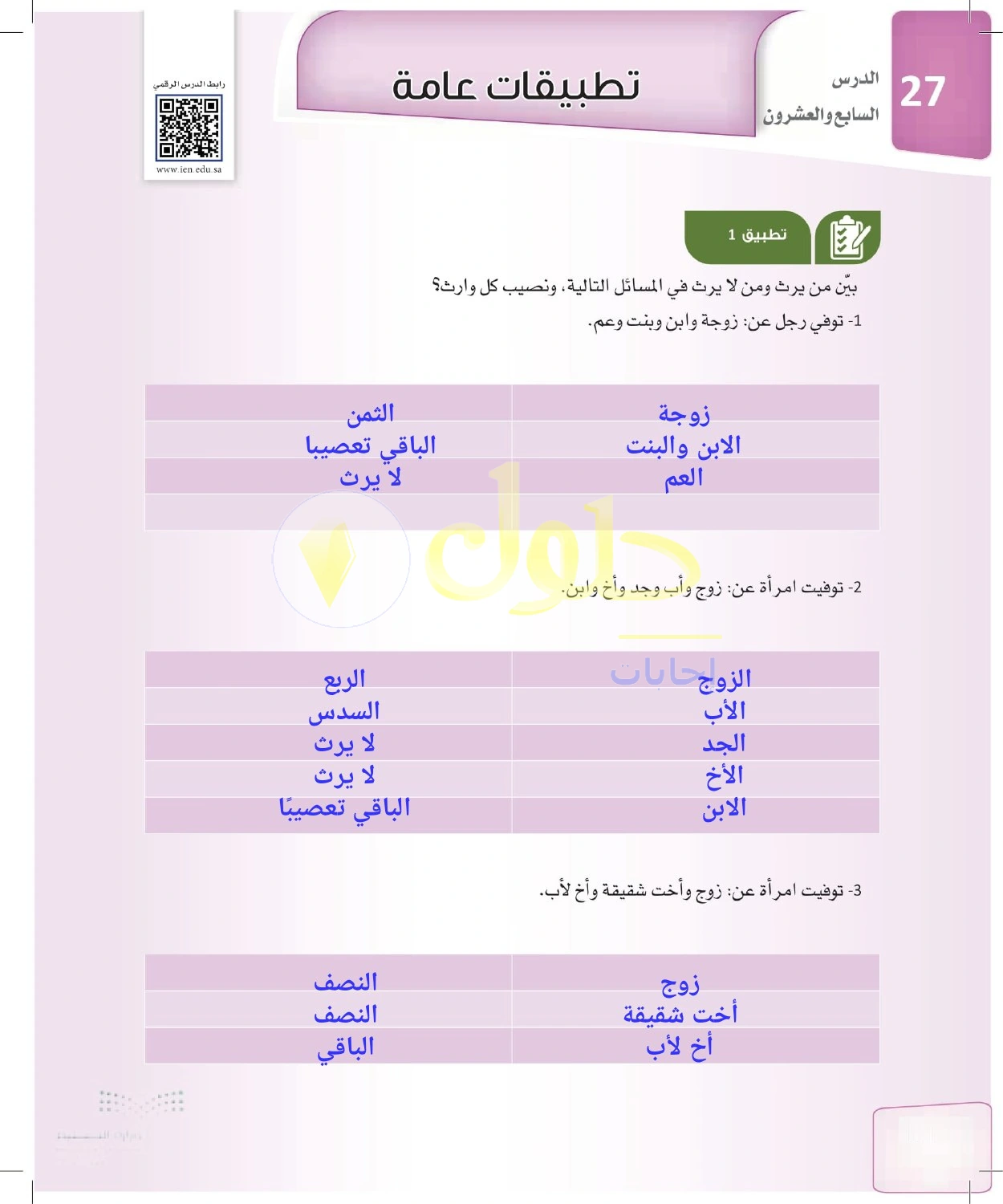 حل الفرائض للصف الثالث الثانوي صفحة 122