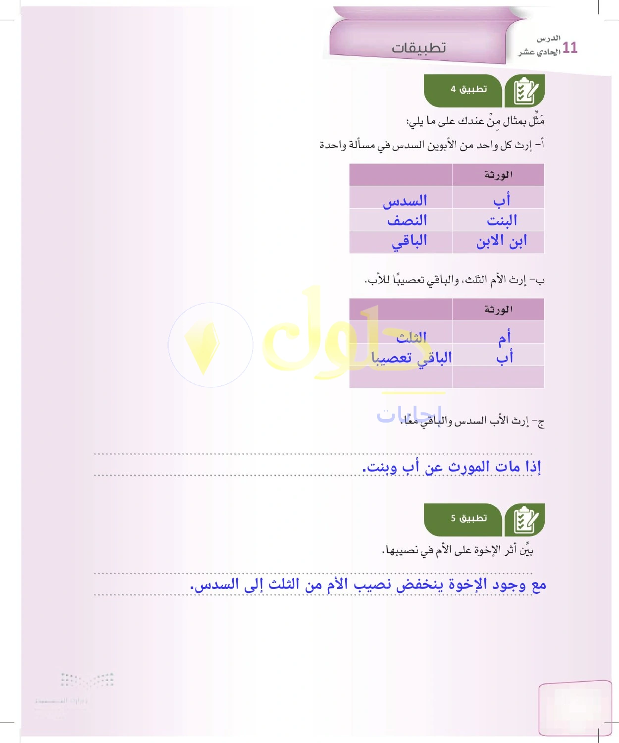 حل الفرائض للصف الثالث الثانوي صفحة 52