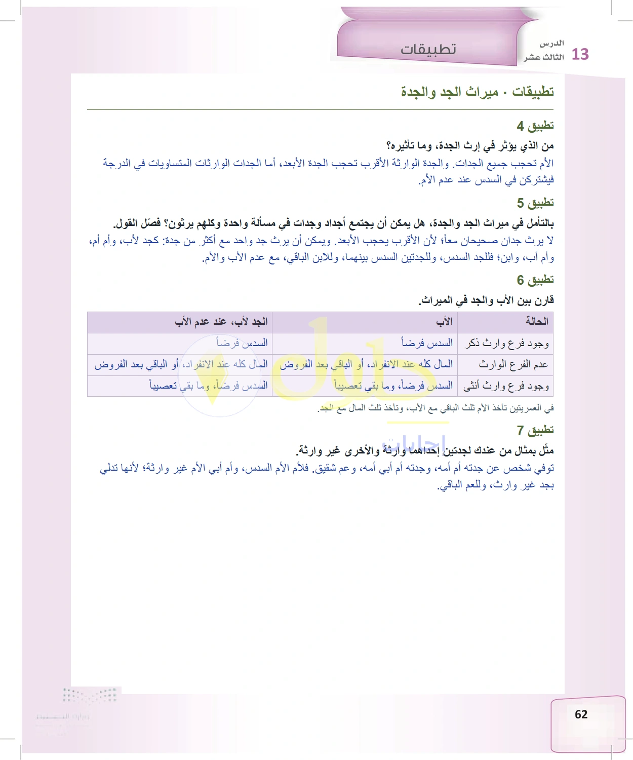 حل الفرائض للصف الثالث الثانوي صفحة 62