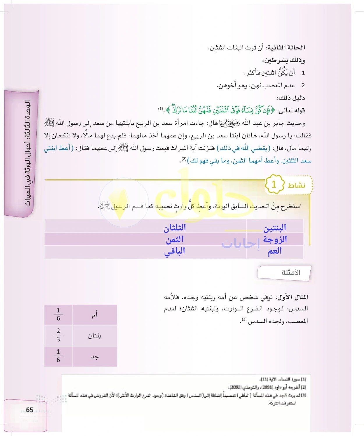 حل الفرائض للصف الثالث الثانوي صفحة 65