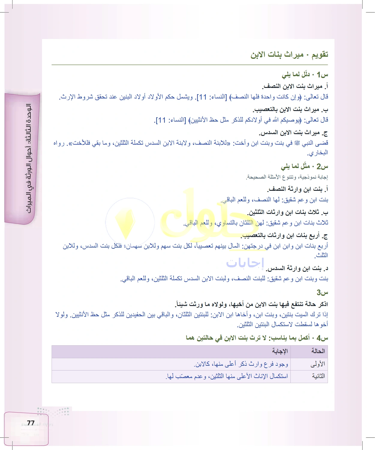 حل الفرائض للصف الثالث الثانوي صفحة 77
