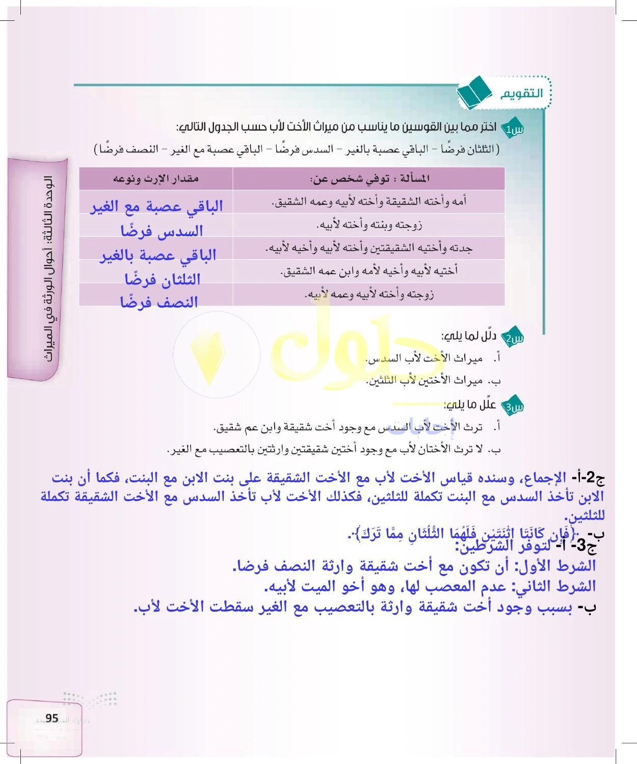 حل الفرائض للصف الثالث الثانوي صفحة 95