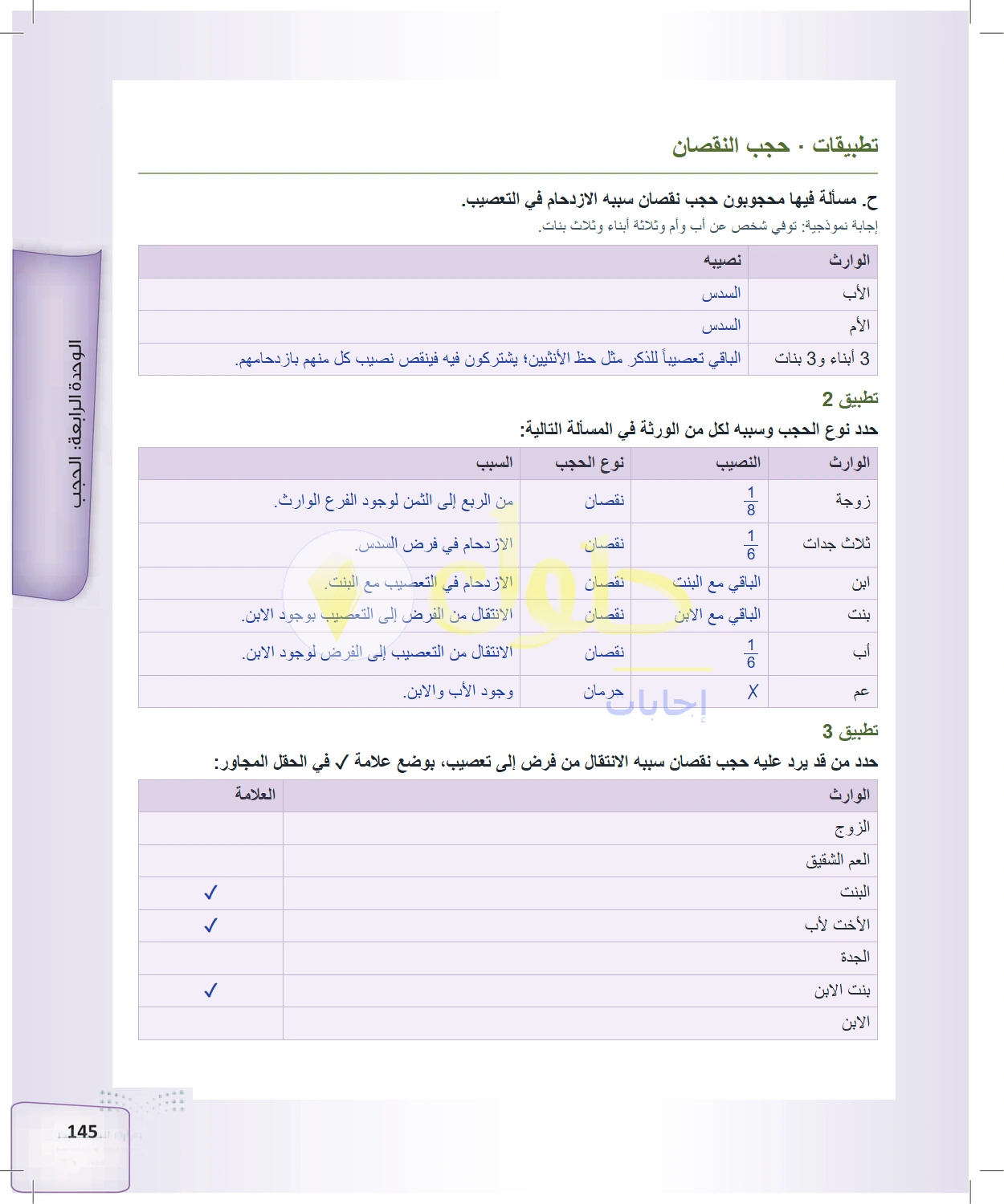 حل الفرائض للصف الثالث الثانوي صفحة 145