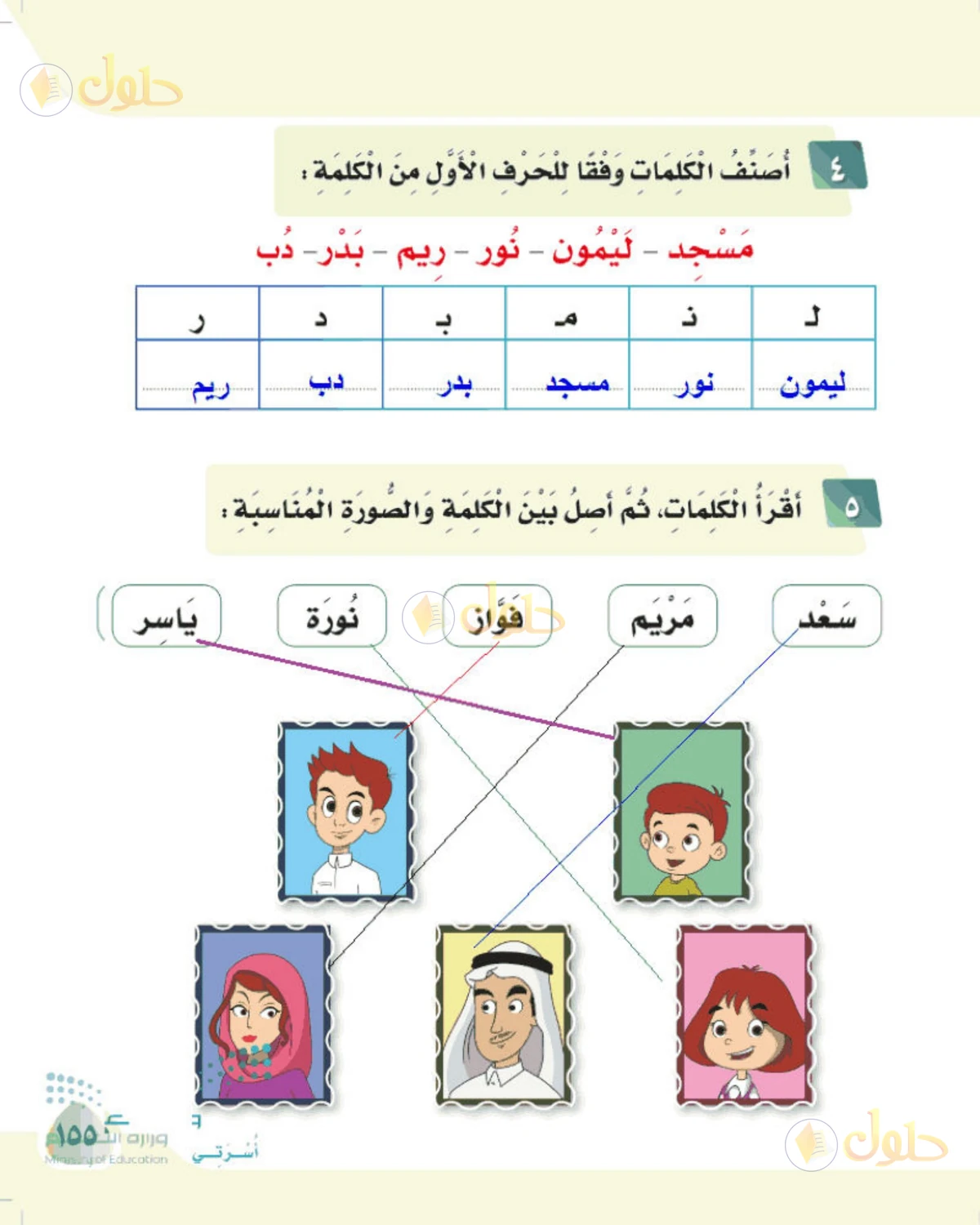 حل لغتي الصف الأول الابتدائي صفحة 155