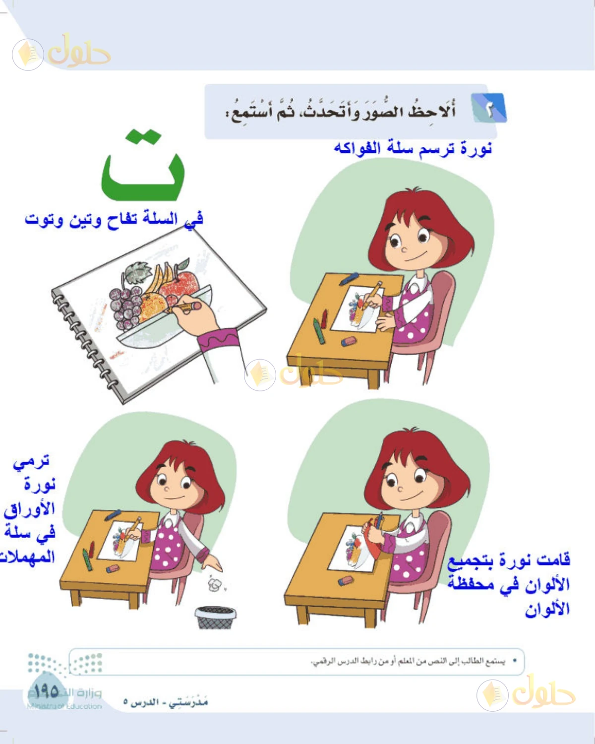 حل لغتي الصف الأول الابتدائي صفحة 195